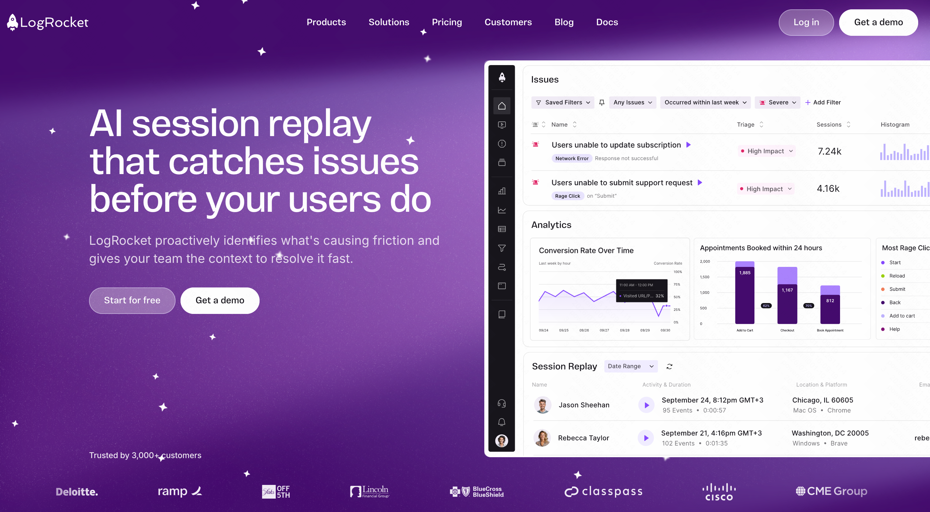 LogRocket frontend monitoring platform with Galileo AI issue categorization