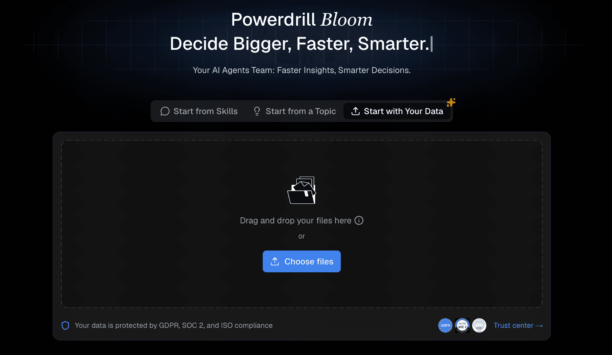 Uploading raw marketing data files to Powerdrill Bloom by drag and drop