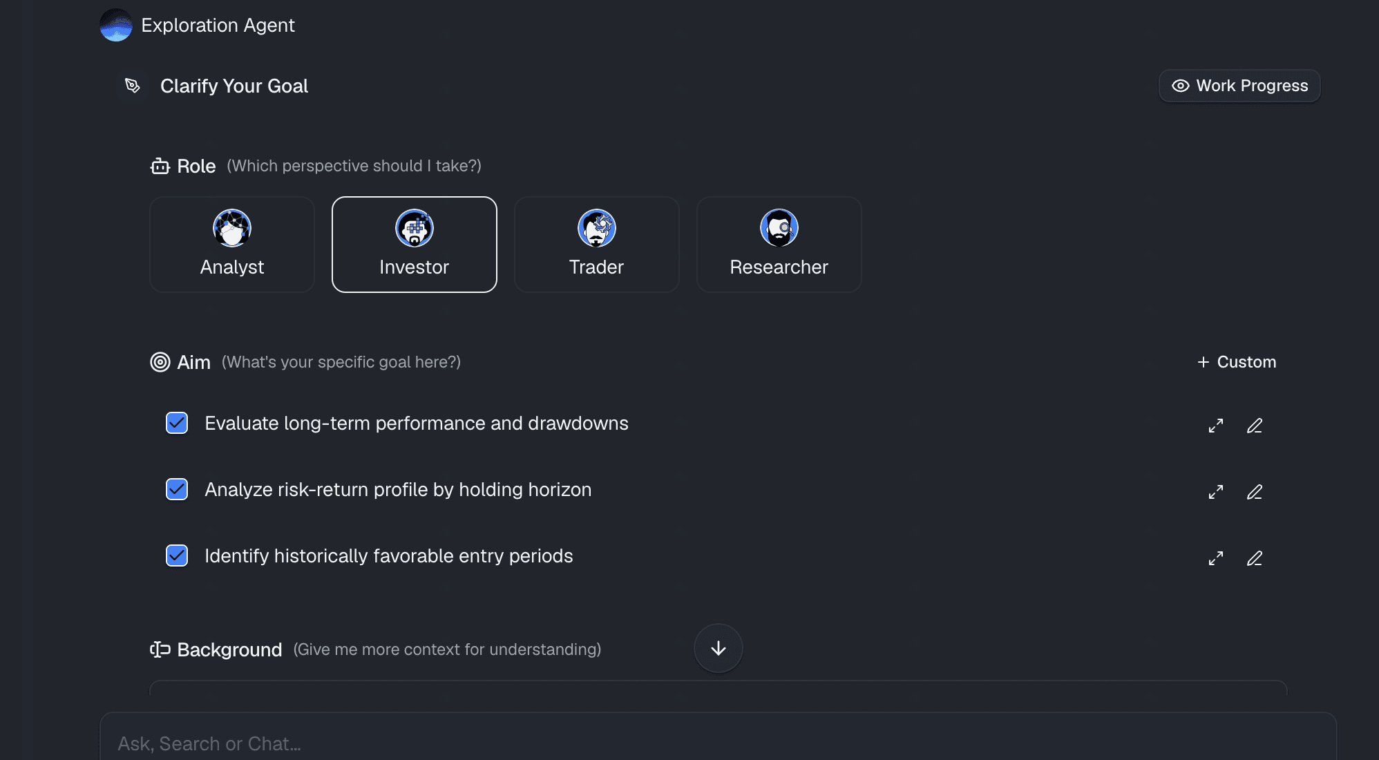 Powerdrill Bloom AI assistant suggesting marketing goals and metrics to explore from uploaded data