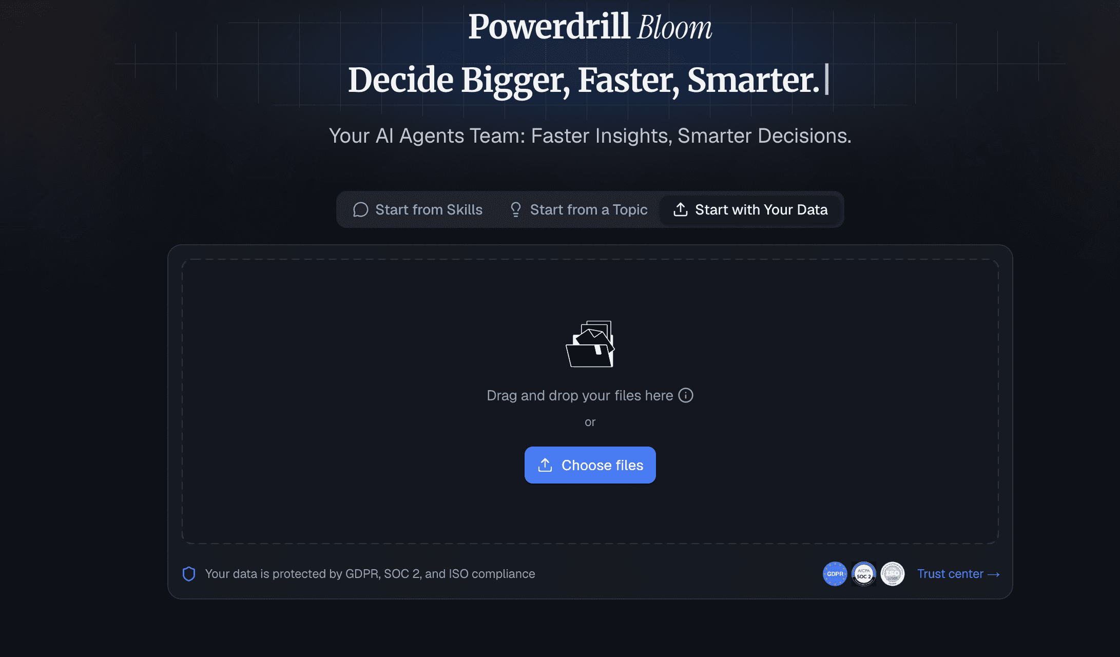Powerdrill Bloom AI agent platform interface for startup financial modeling