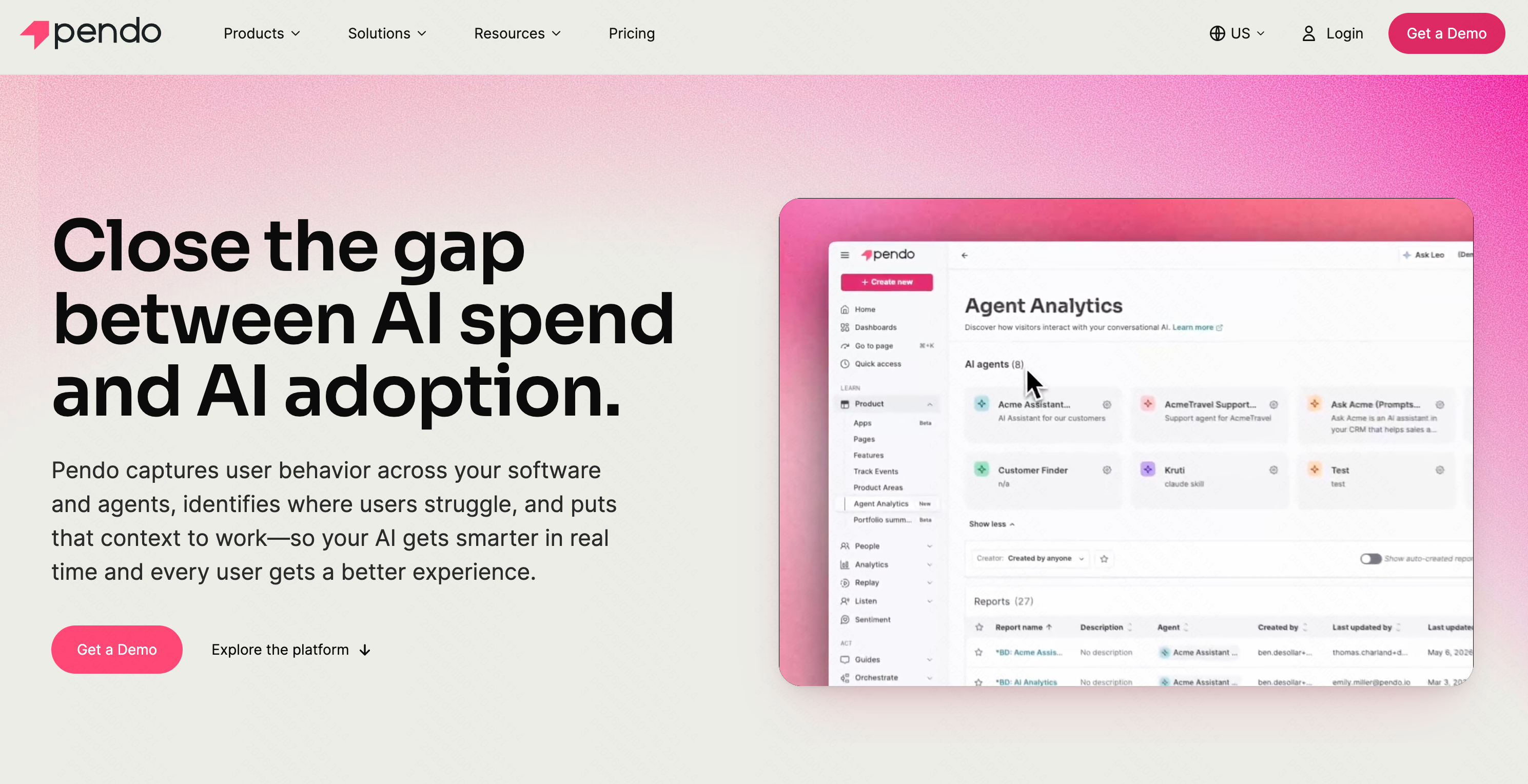Pendo product experience analytics platform dashboard