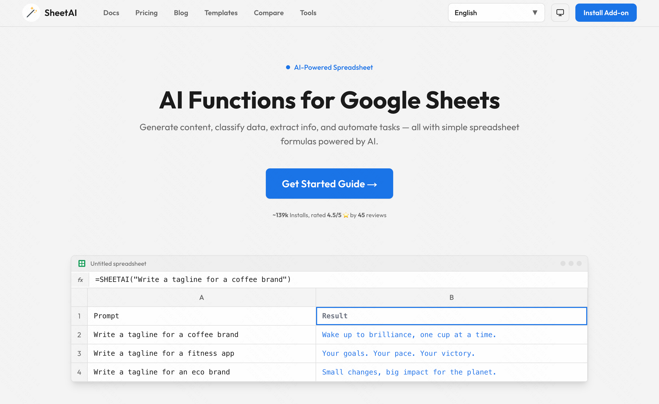SheetAI custom AI functions for bulk text generation inside Google Sheets cells