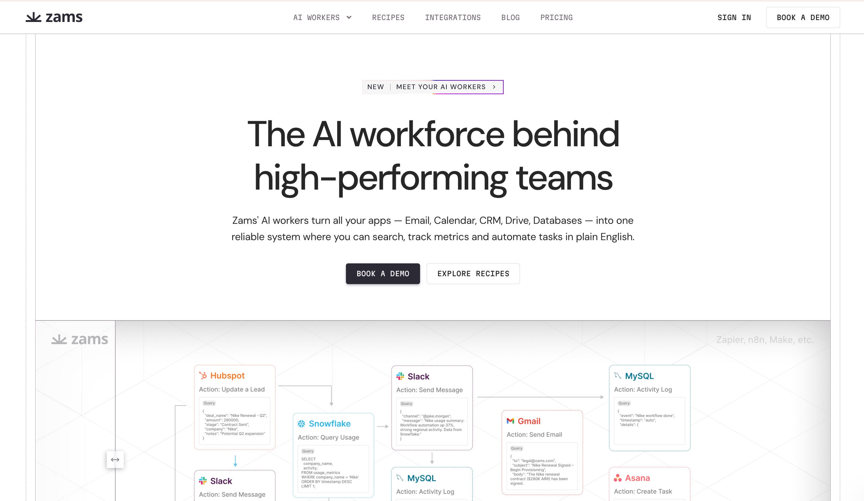 Zams AI workflow automation for CRM and sales data