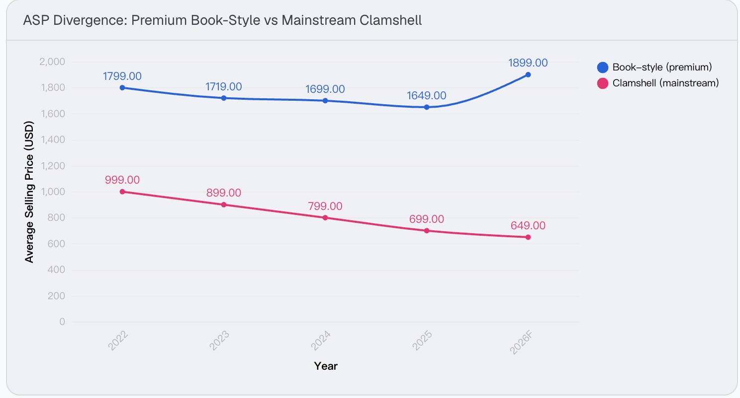 Average selling price of book-style versus clamshell foldables, 2025 vs 2026
