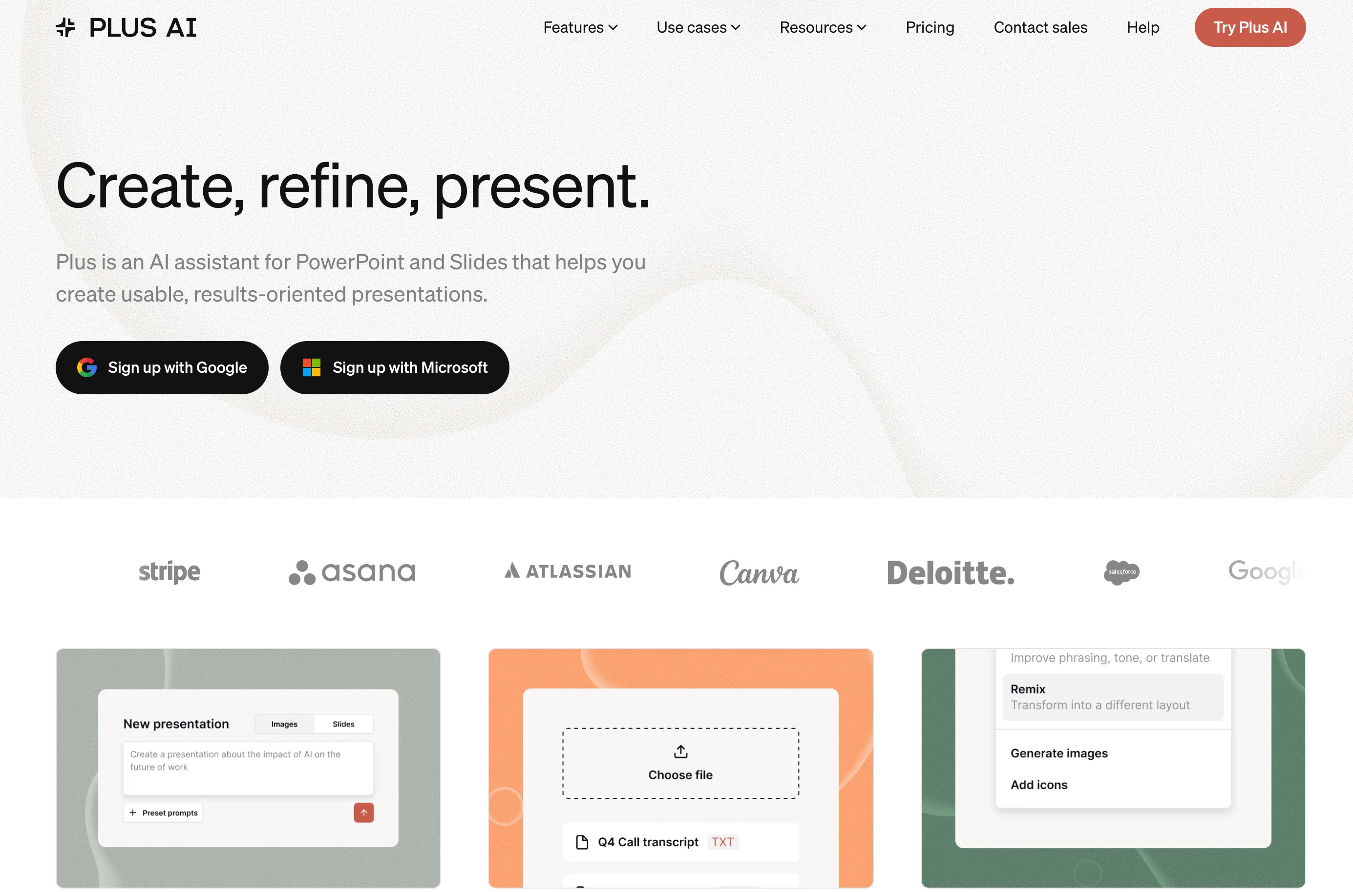 Plus AI add-on generating slides inside Google Slides and PowerPoint