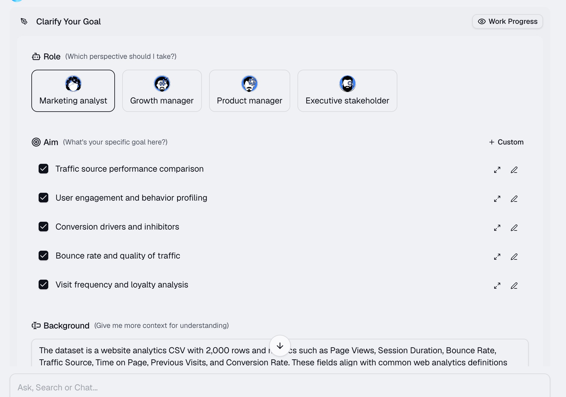 Defining the analysis goal for the website traffic dataset