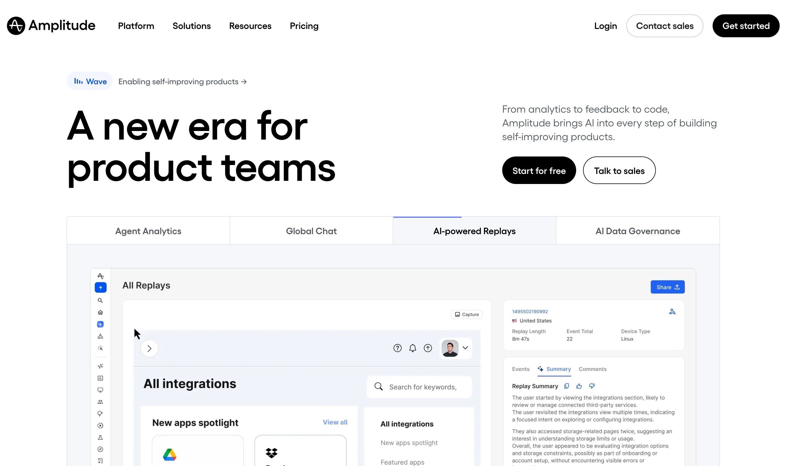 Amplitude homepage with tabs for agent analytics, AI-powered replays and AI data governance