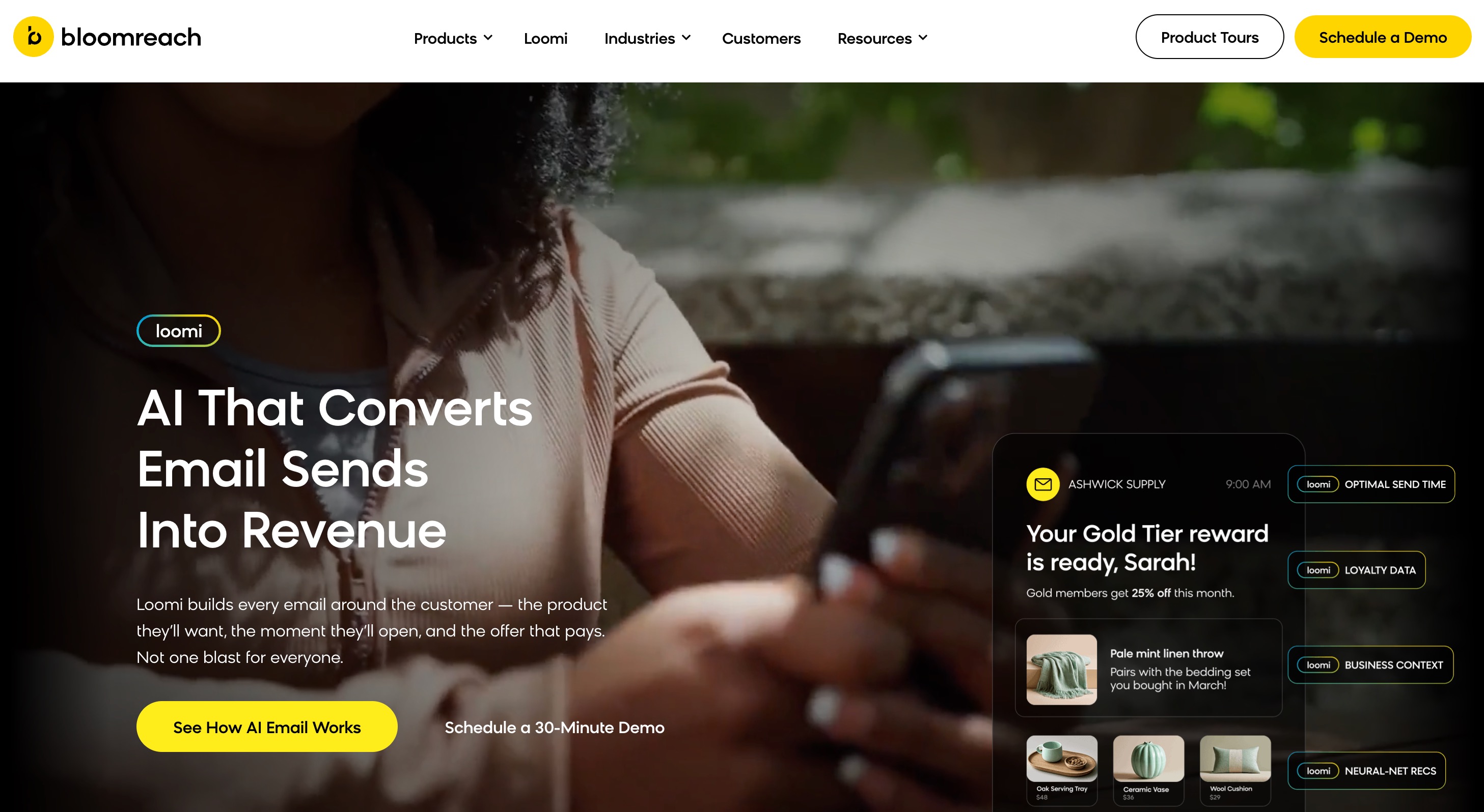 Bloomreach homepage showing its Loomi AI building a per-customer email with loyalty and product context