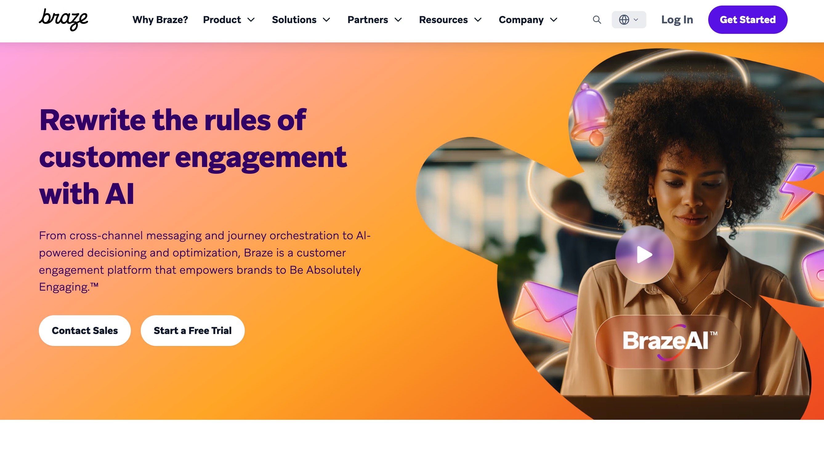 Braze homepage describing cross-channel messaging, journey orchestration and BrazeAI decisioning