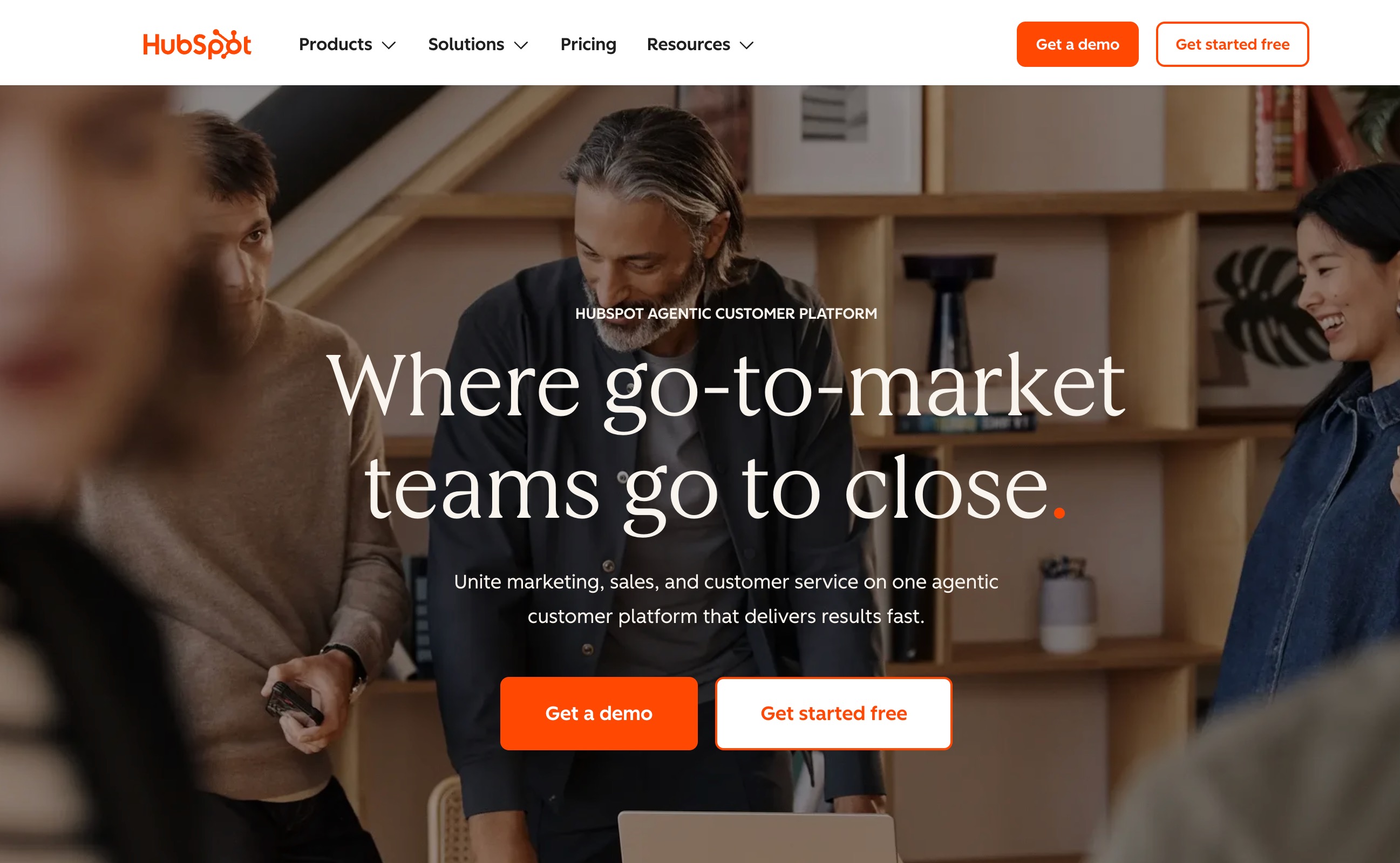 HubSpot homepage positioning its agentic customer platform for marketing, sales and service teams