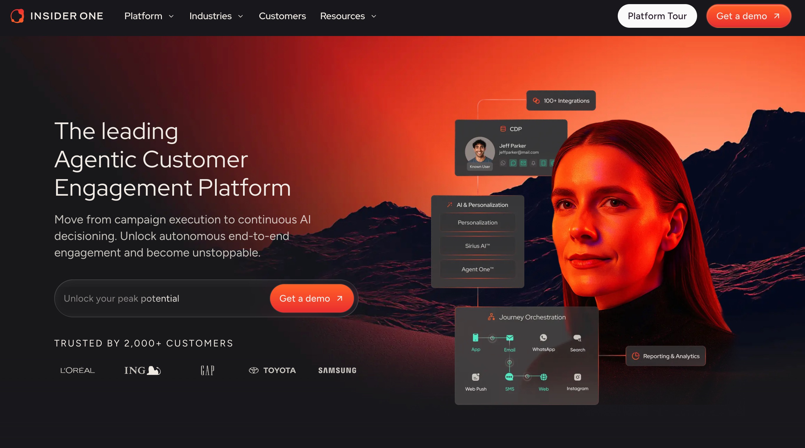 Insider One homepage showing its CDP, AI personalization and journey orchestration building blocks