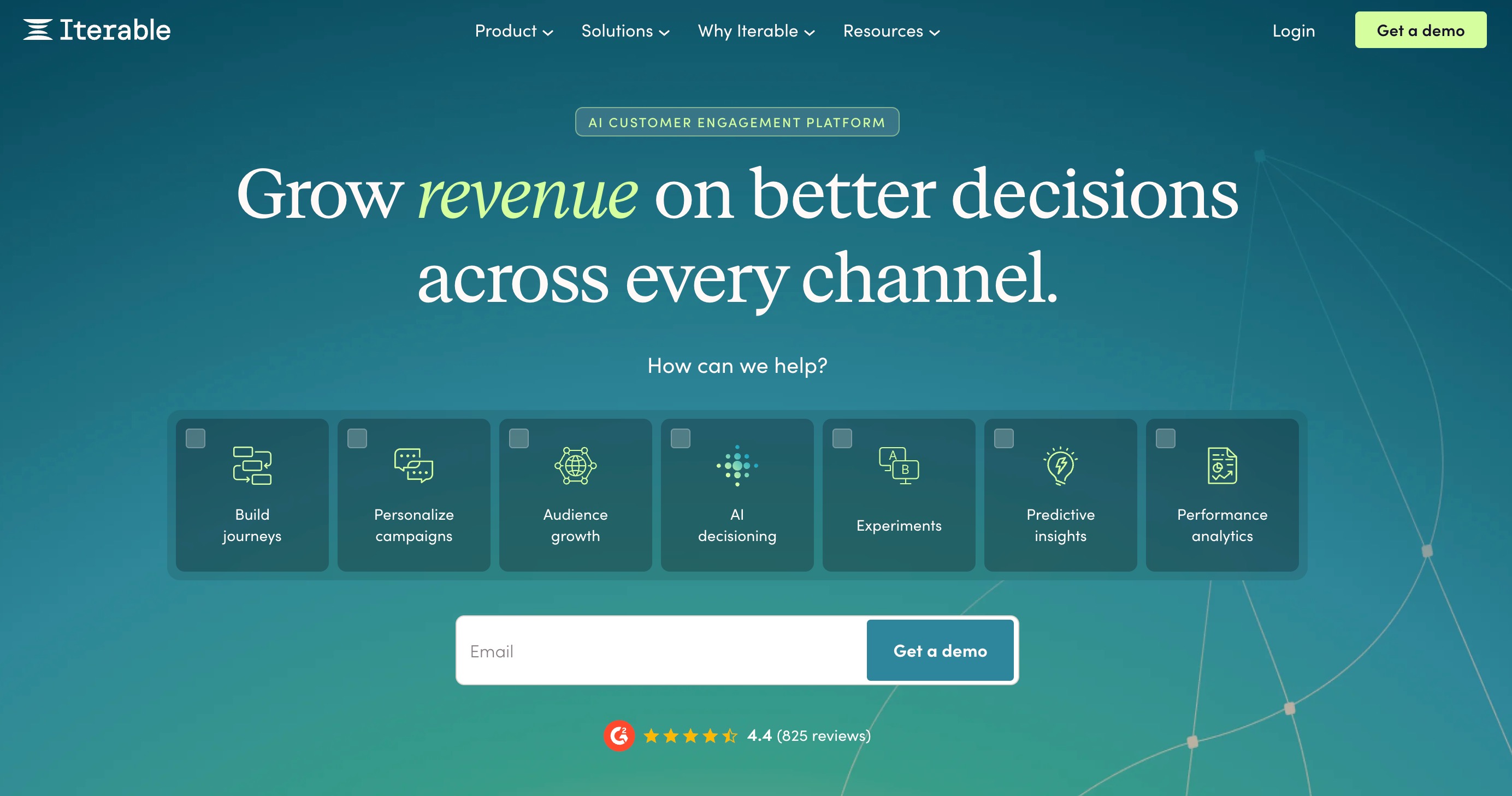 Iterable homepage with entry points for audience growth, AI decisioning and predictive insights