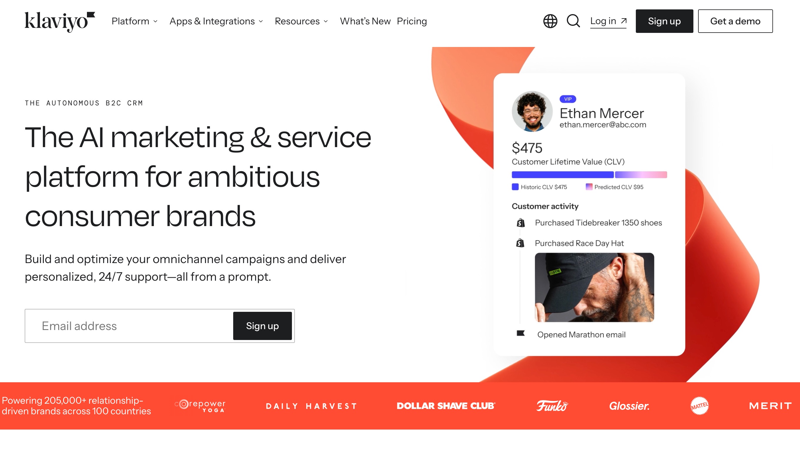 Klaviyo homepage showing a customer profile card with historic and predicted customer lifetime value