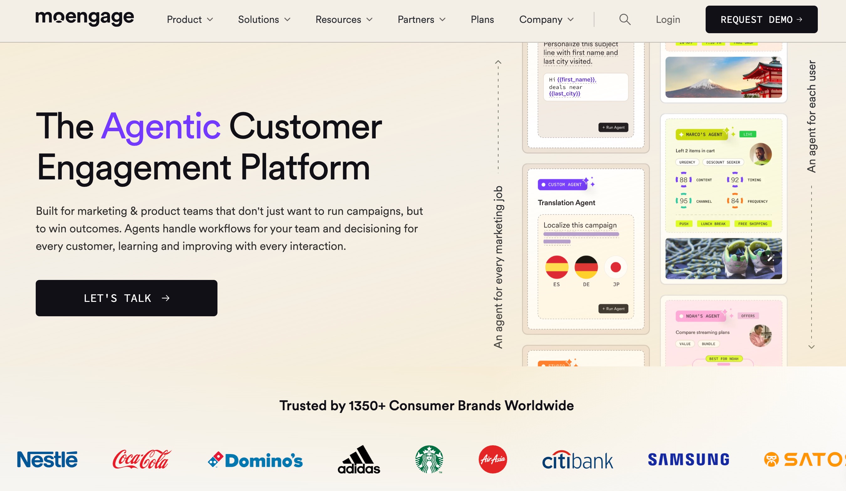 MoEngage homepage showing per-customer agents for personalization, localization and offer decisioning