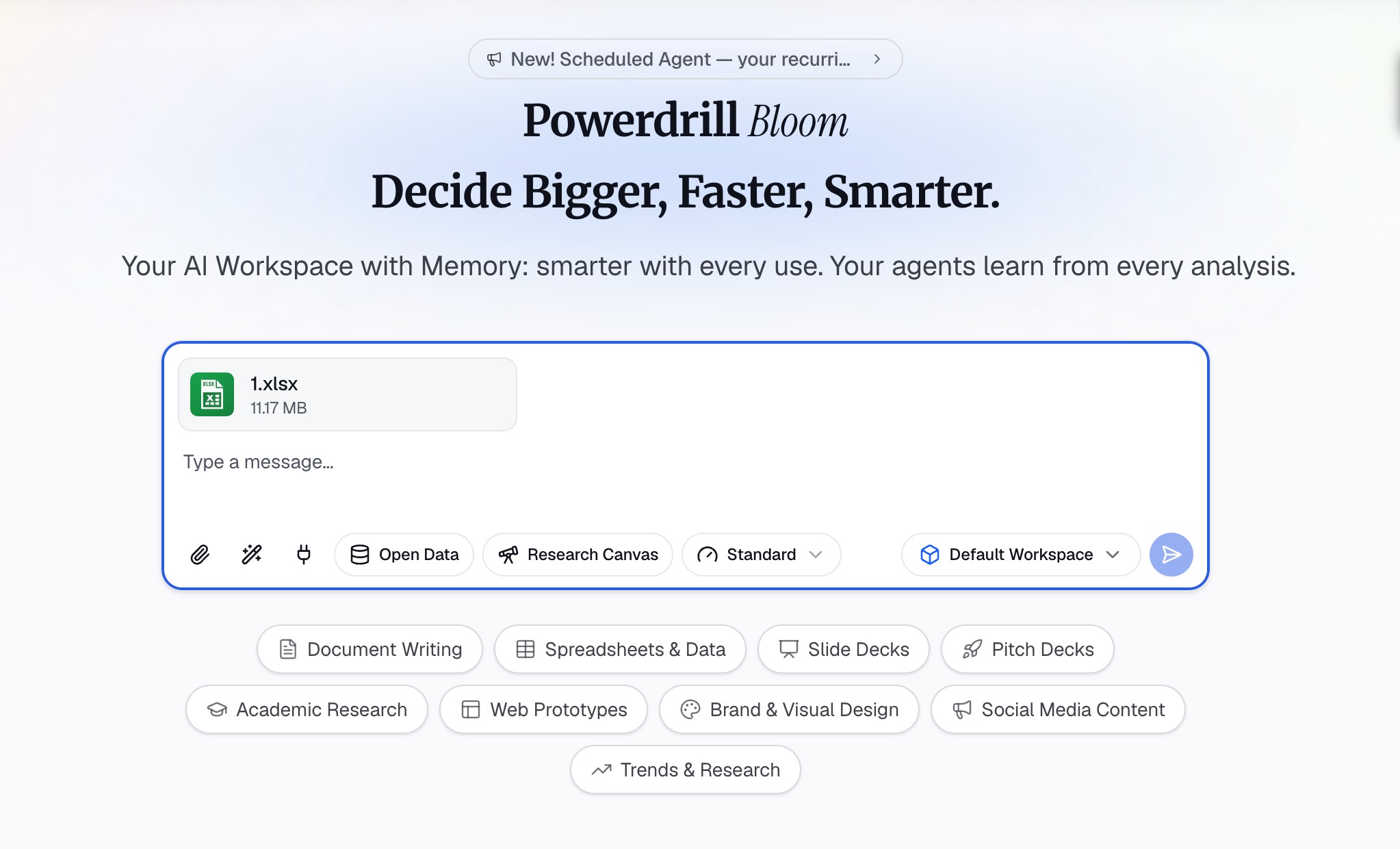 Uploading an .xlsx competitor spreadsheet on the Powerdrill Bloom home screen
