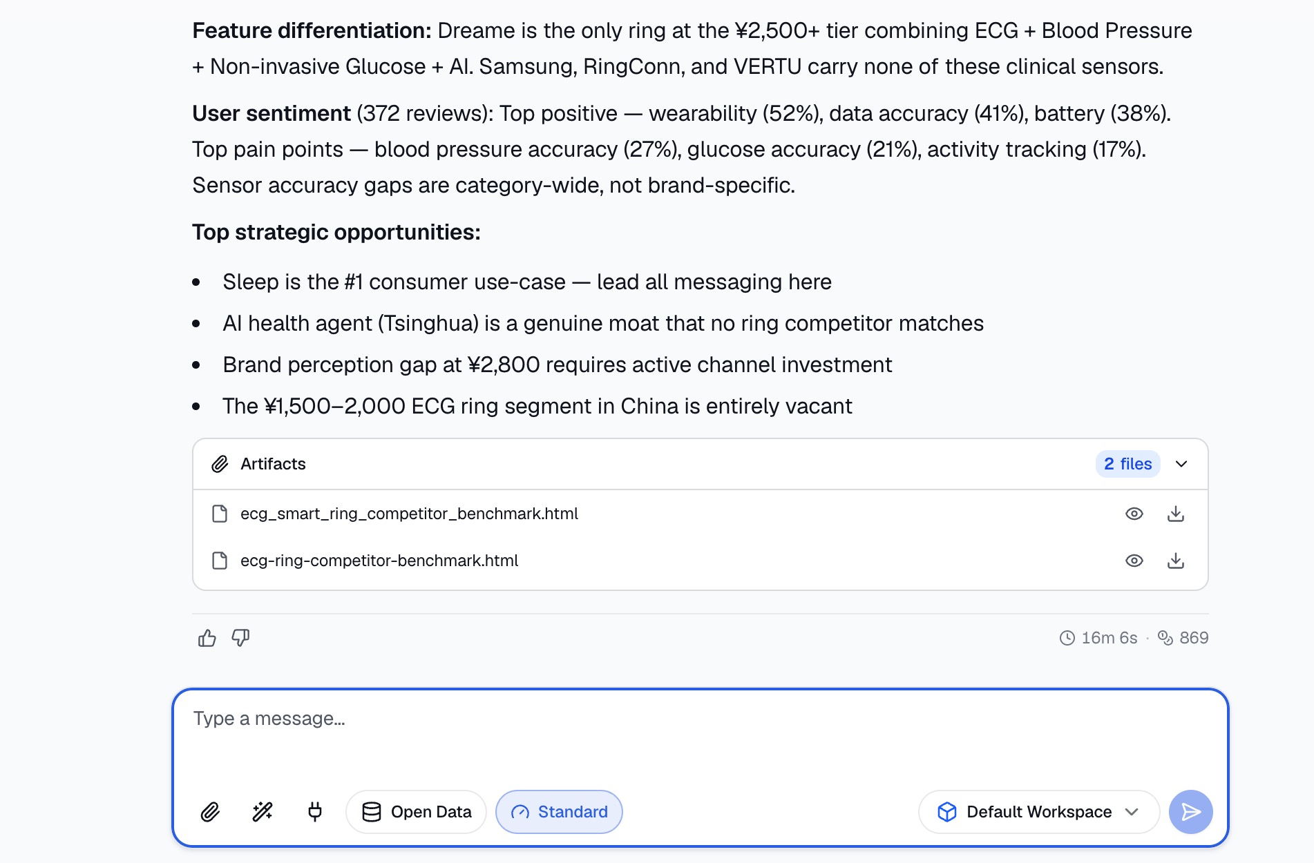 The generated competitor benchmark report showing feature differentiation, user sentiment and strategic opportunities, with the report files attached
