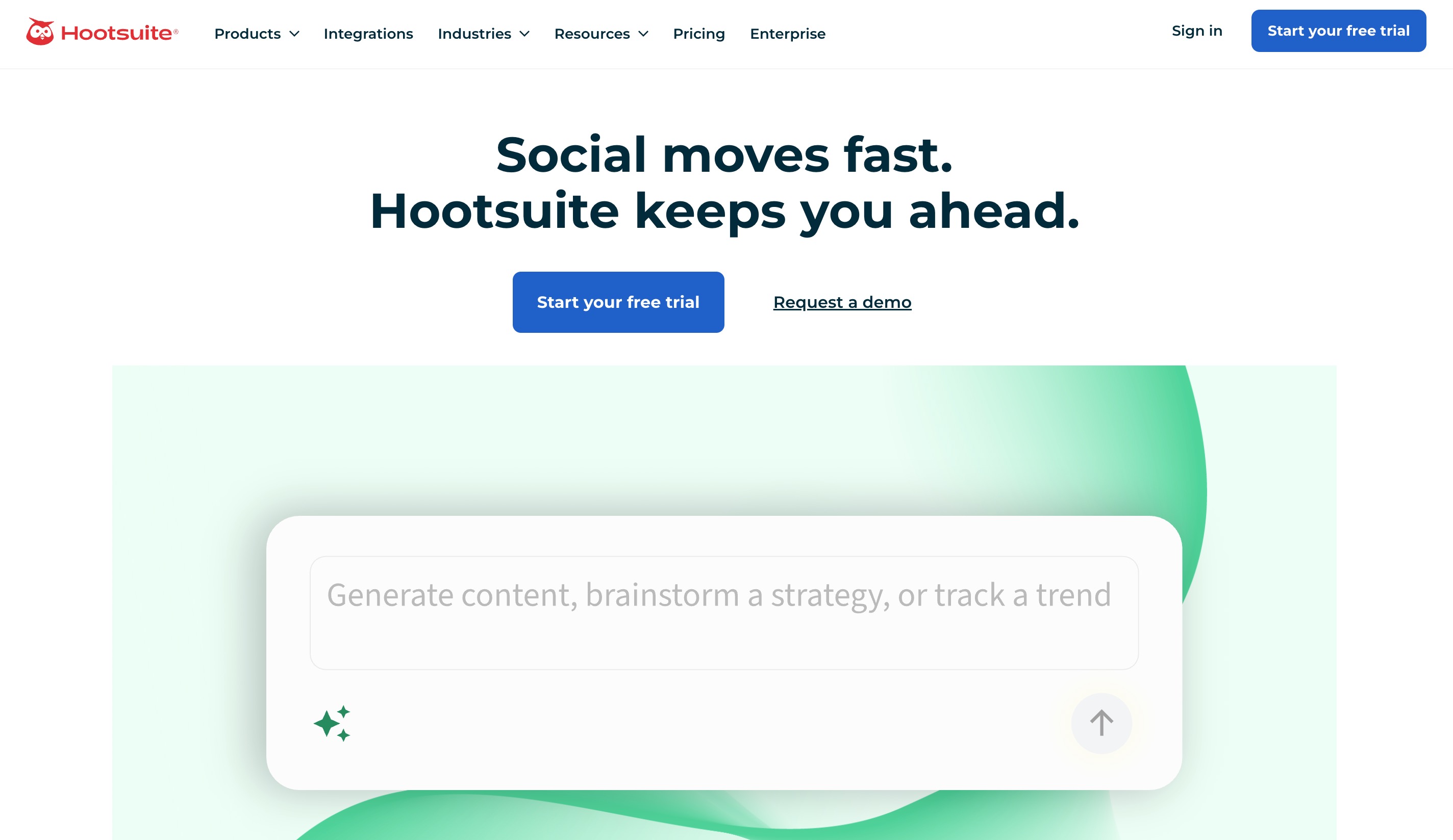 Hootsuite homepage with its AI content prompt box