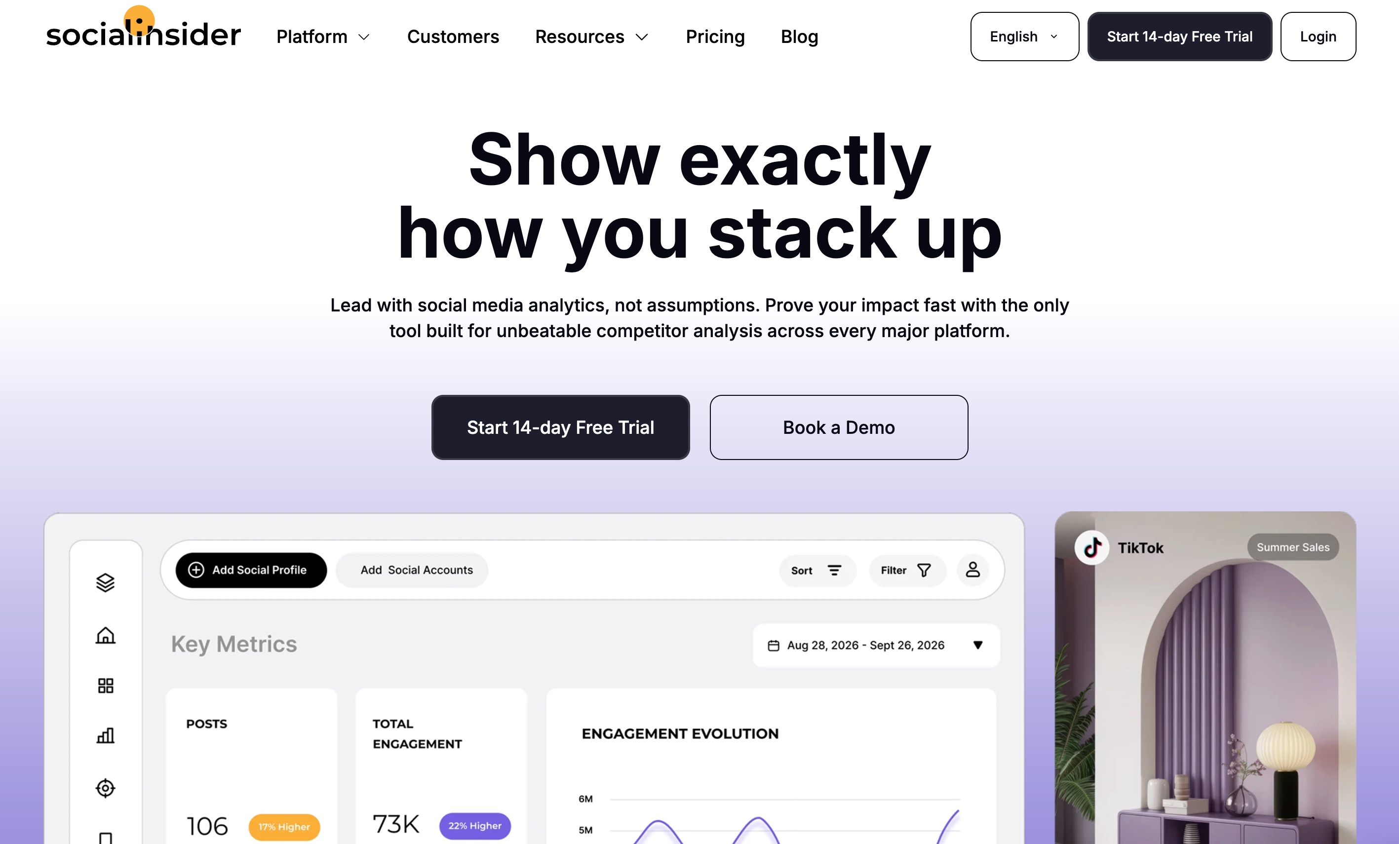 Socialinsider homepage showing its competitor analytics dashboard preview