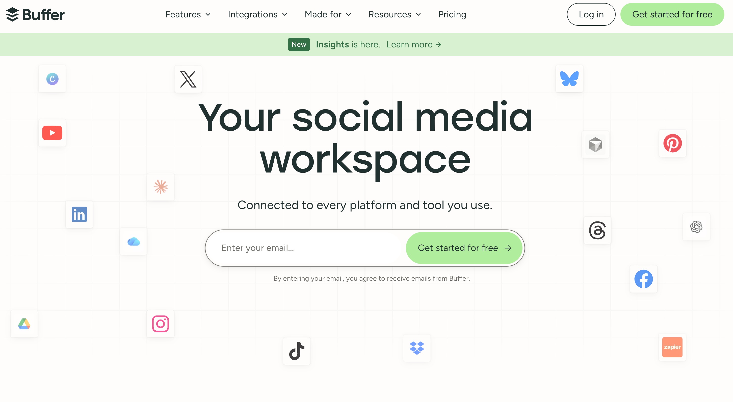 Buffer homepage surrounded by the social platform icons it connects to
