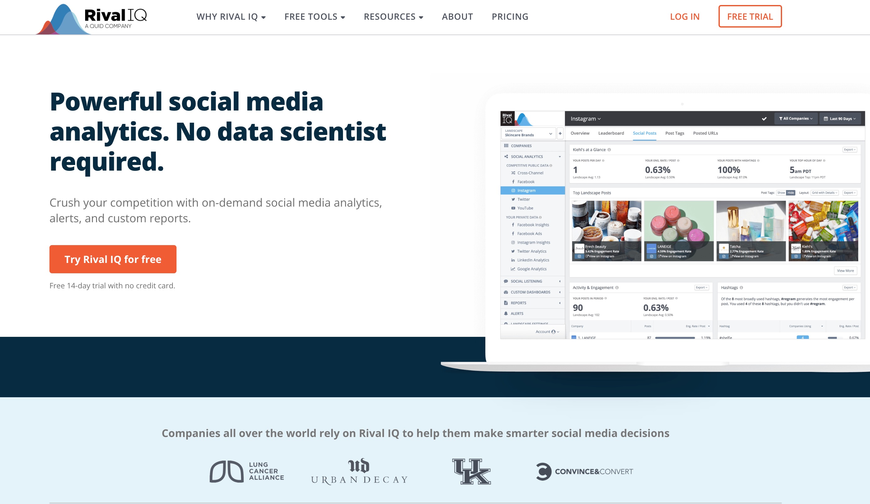 Rival IQ homepage showing its Instagram social analytics dashboard preview