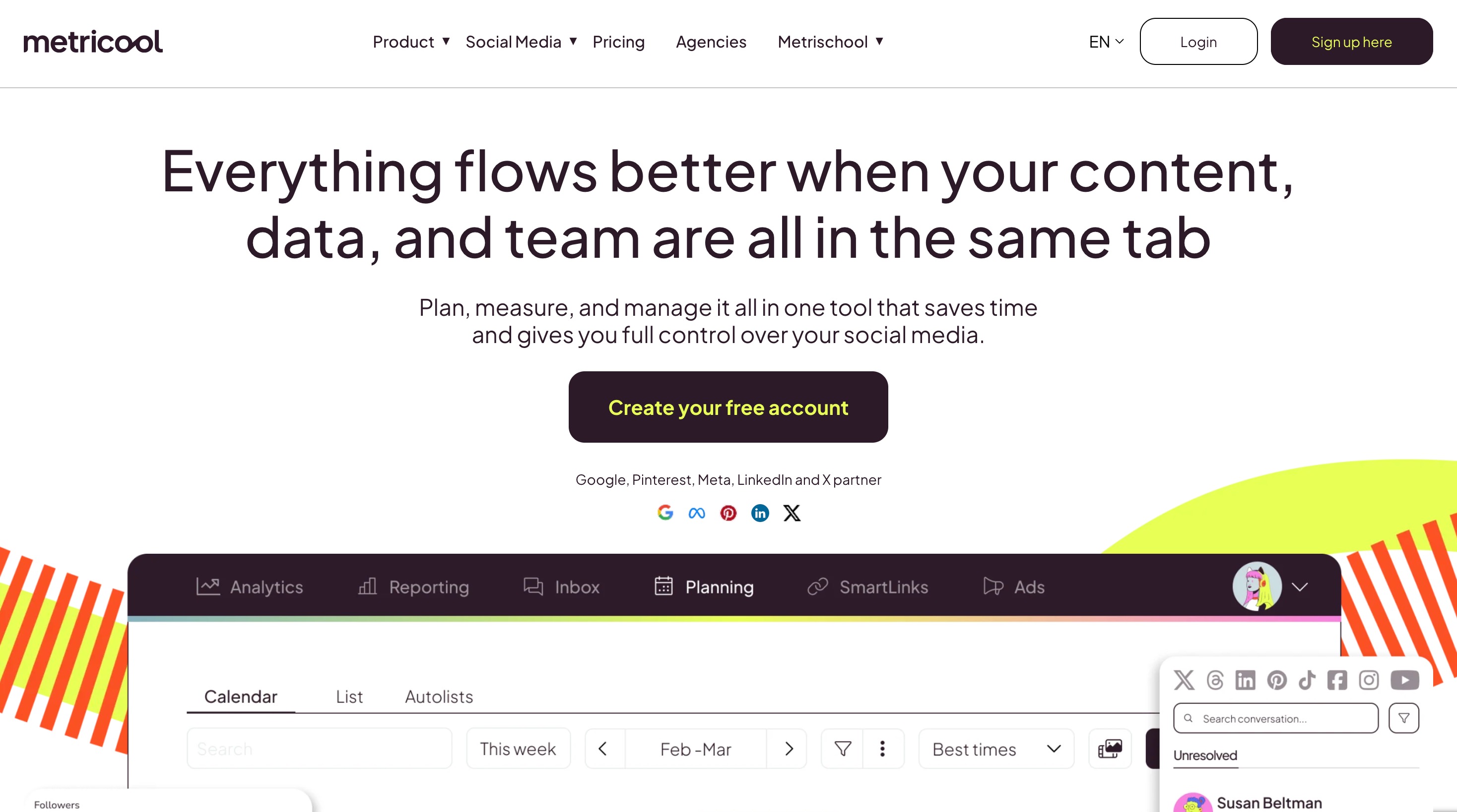 Metricool homepage showing its content planning calendar and inbox preview