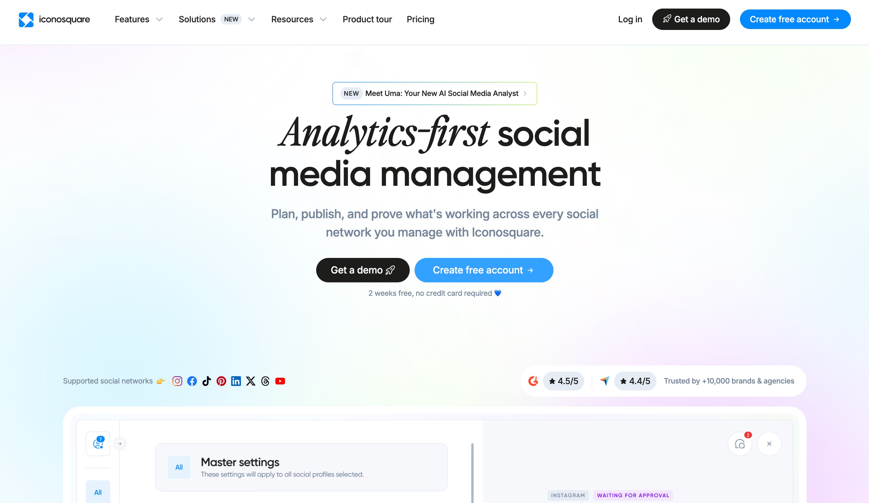Iconosquare homepage showing its analytics-first social media management interface
