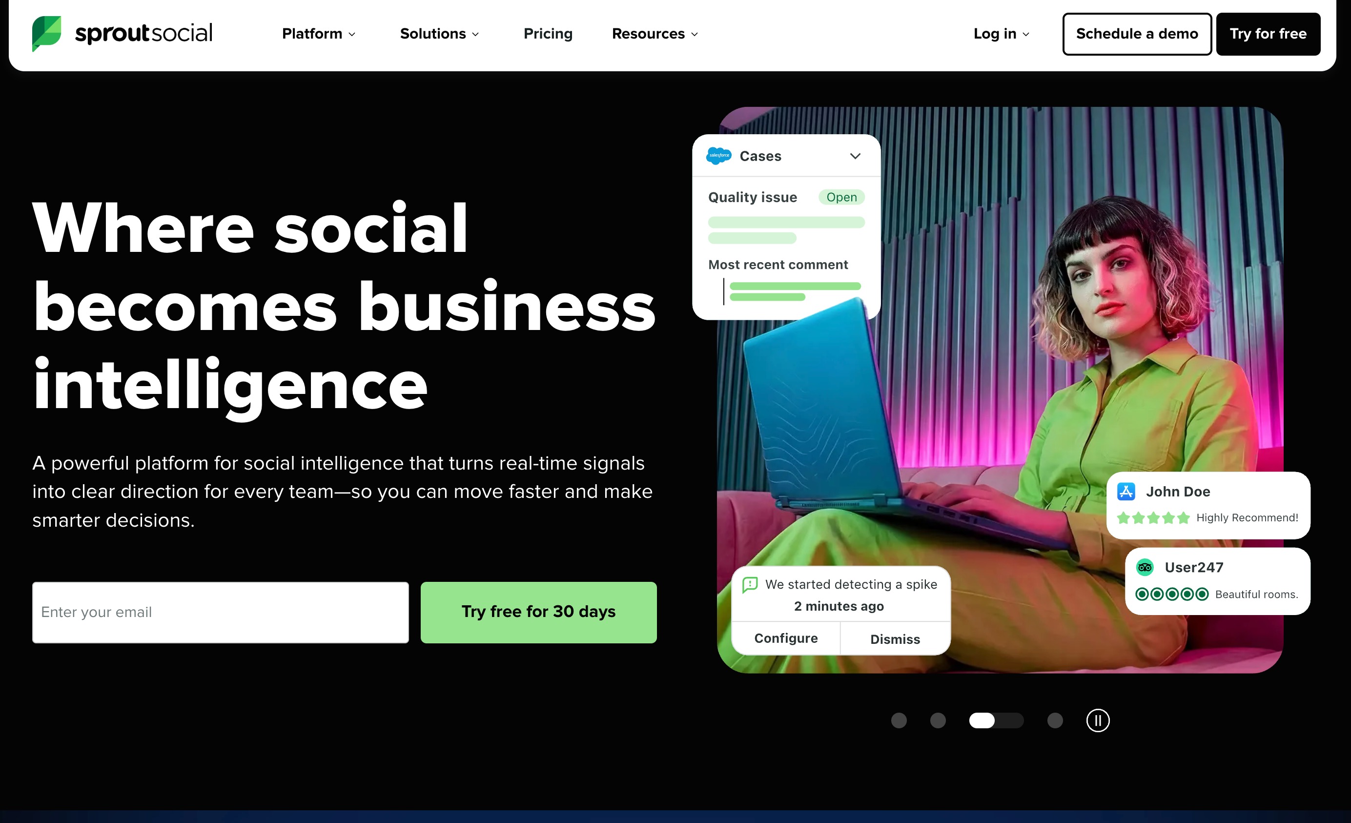 Sprout Social homepage showing its social intelligence cases and listening alerts