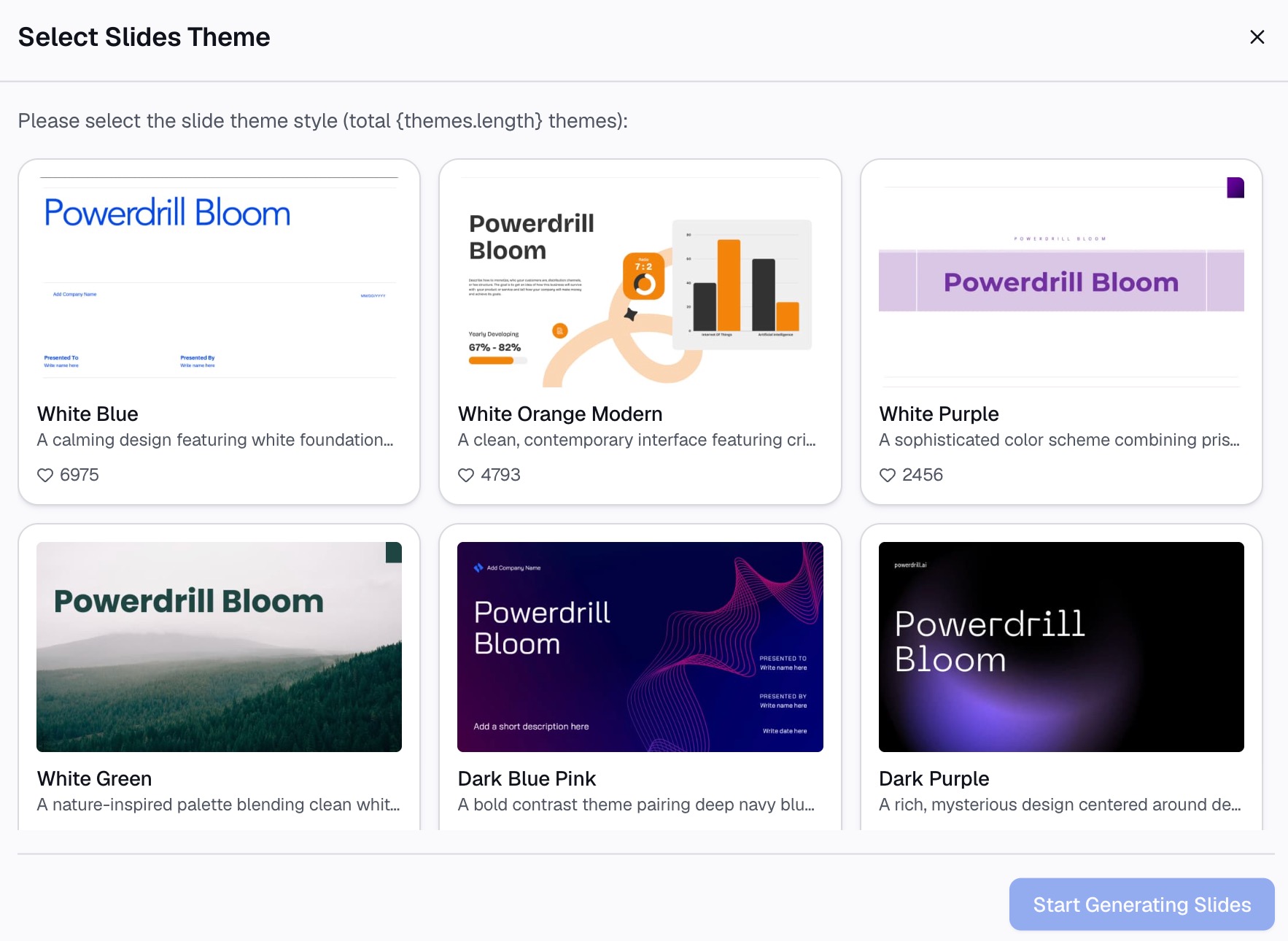 Choosing a slide theme in Powerdrill Bloom to export the reviewed executive summary as a deck
