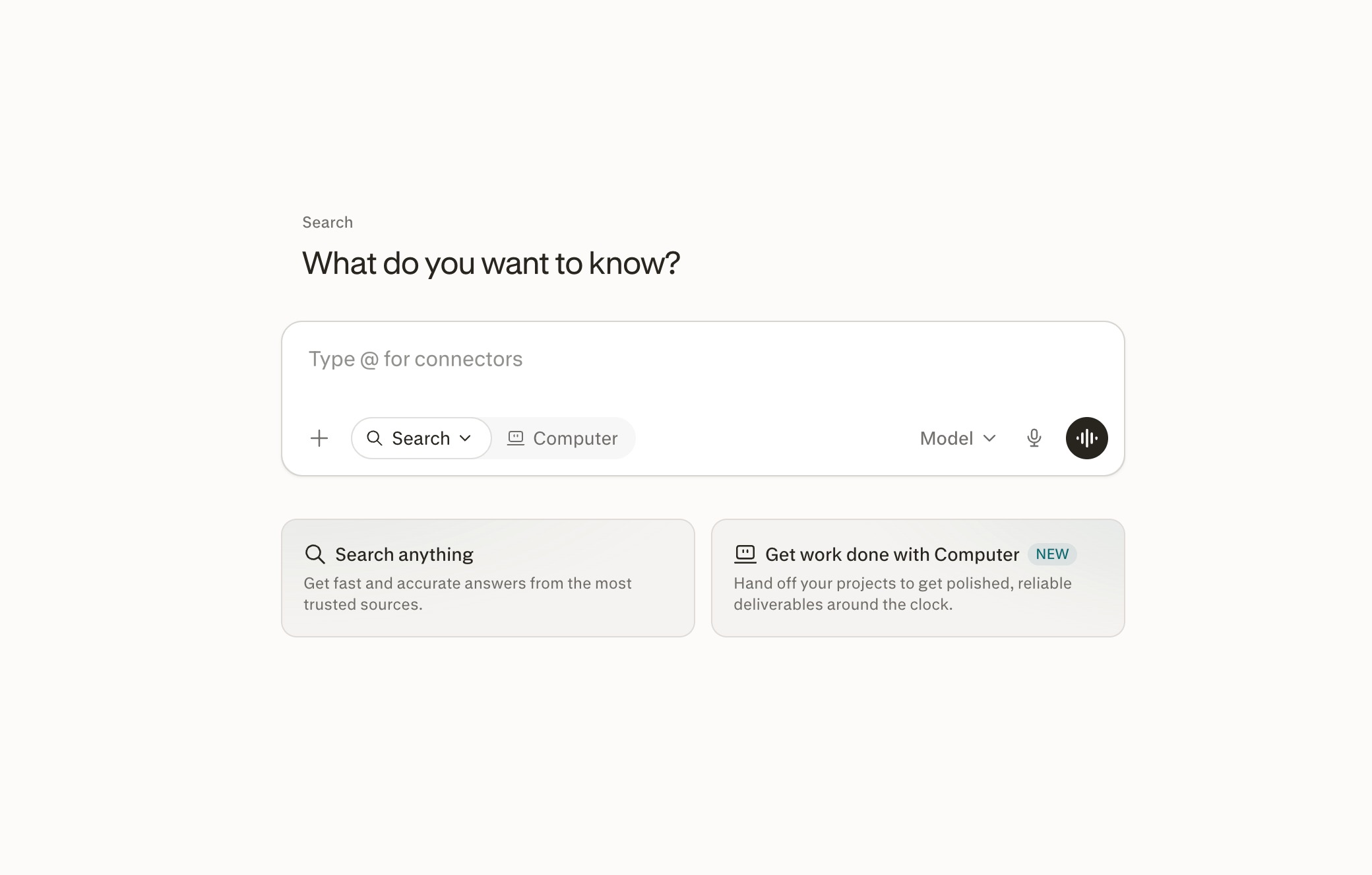 Perplexity's search interface, used for real-time desk research