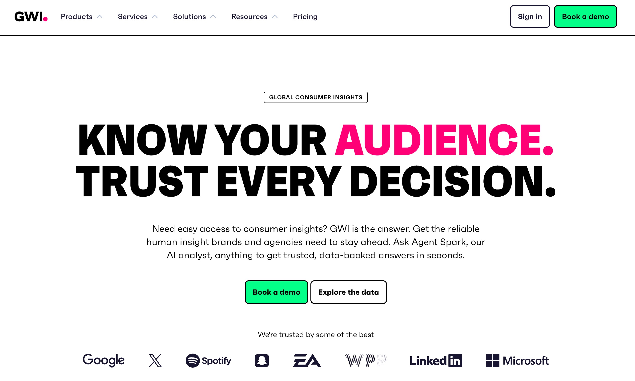GWI homepage, offering consumer insights drawn from its global survey panels