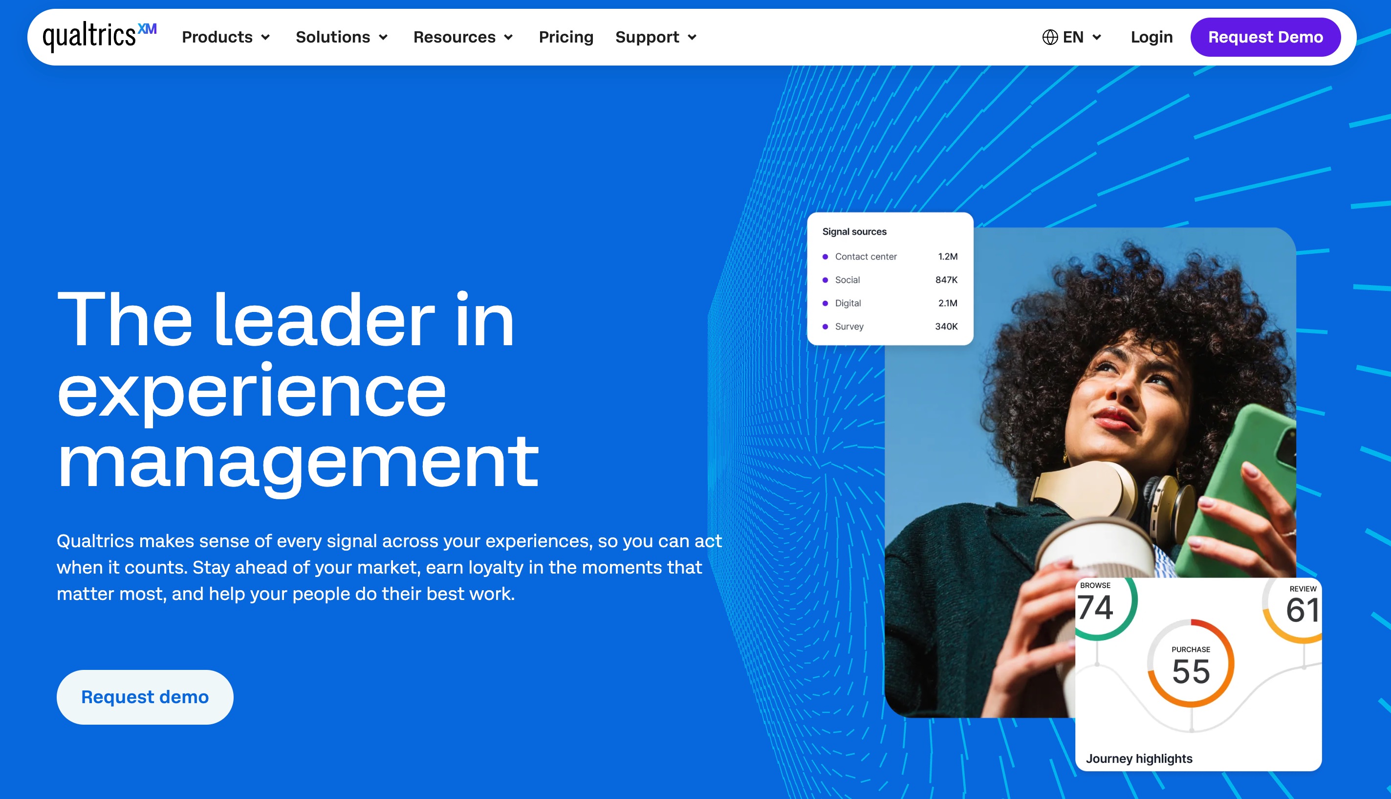Qualtrics homepage, presenting its experience management platform