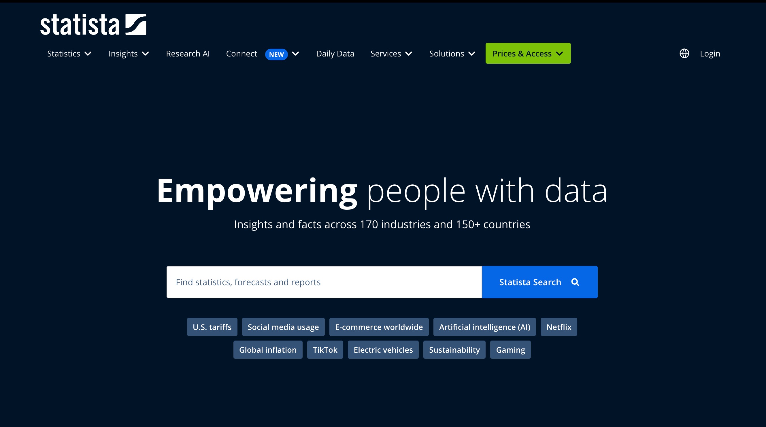 Statista homepage, with search across statistics, forecasts, and market reports
