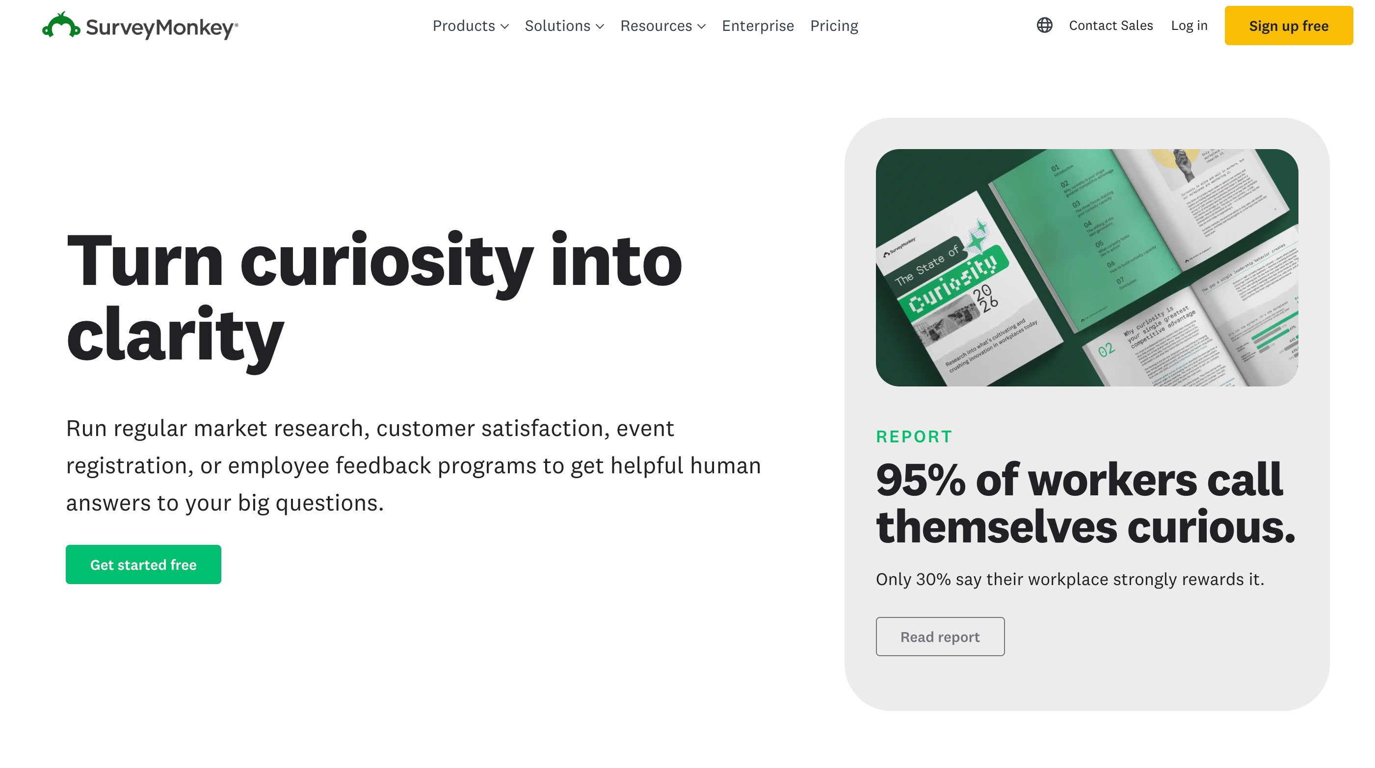 SurveyMonkey homepage, for building and sending market research surveys