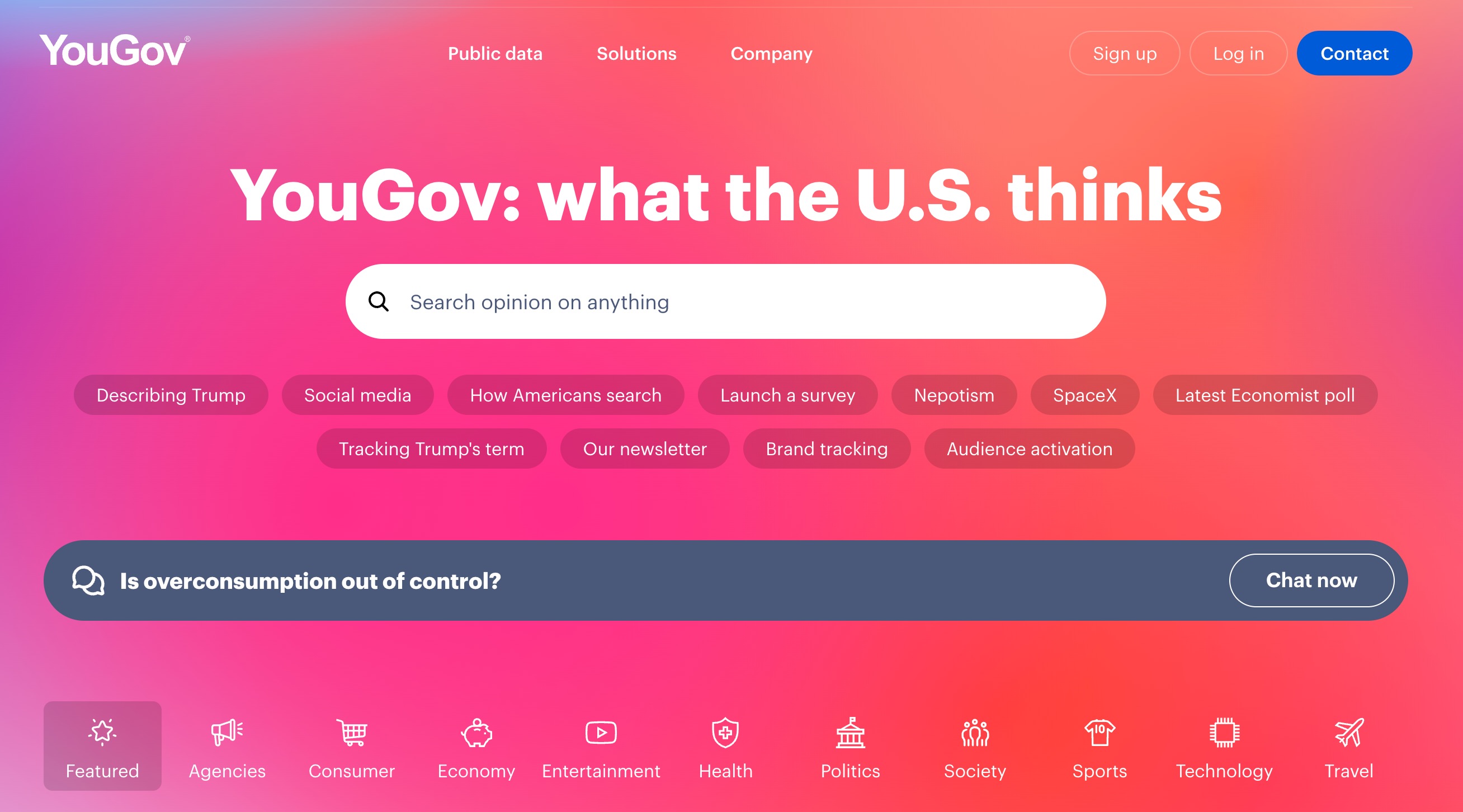 YouGov homepage, with search over its public opinion polling data