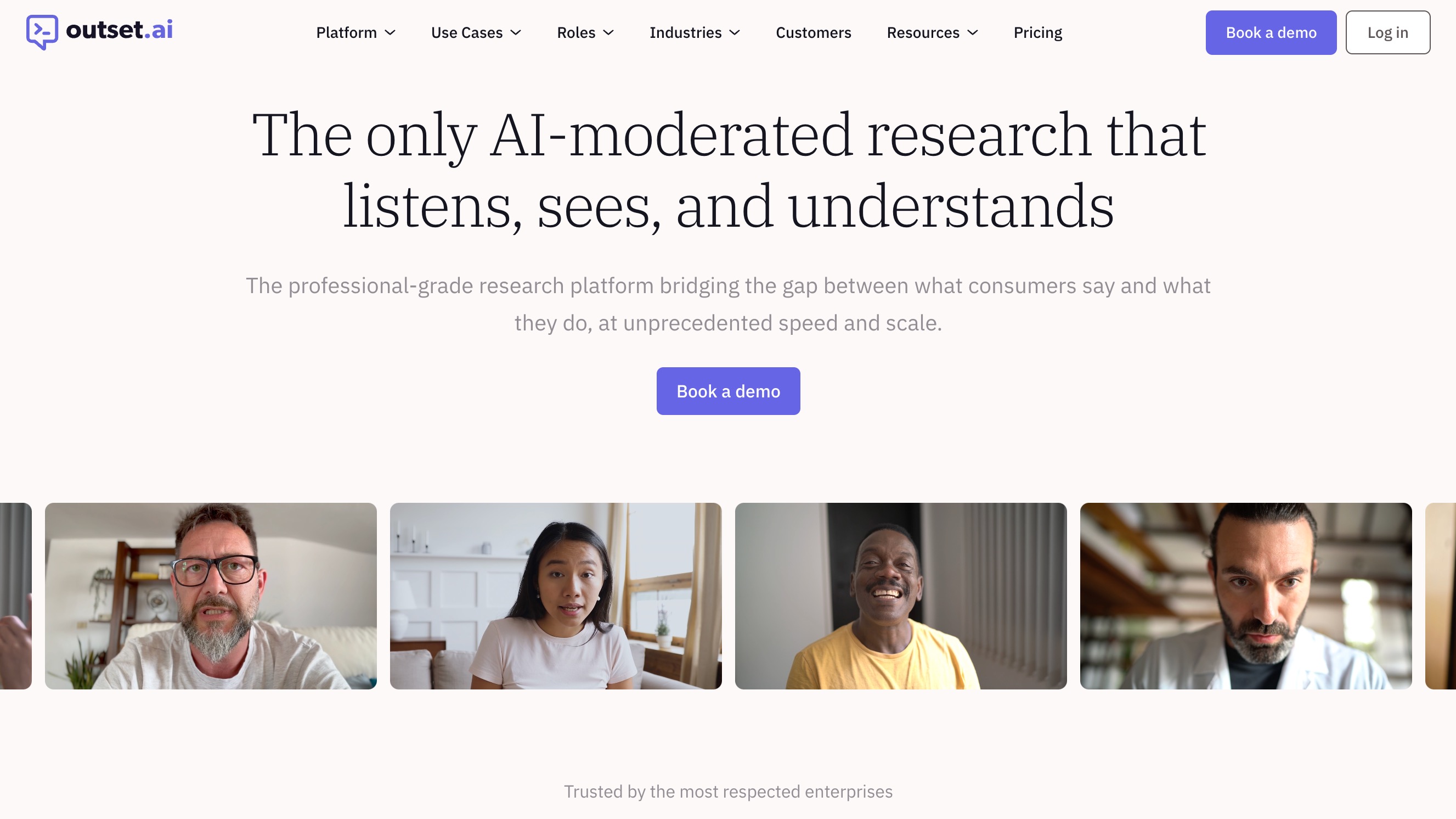 Outset.ai homepage, presenting AI-moderated qualitative research interviews