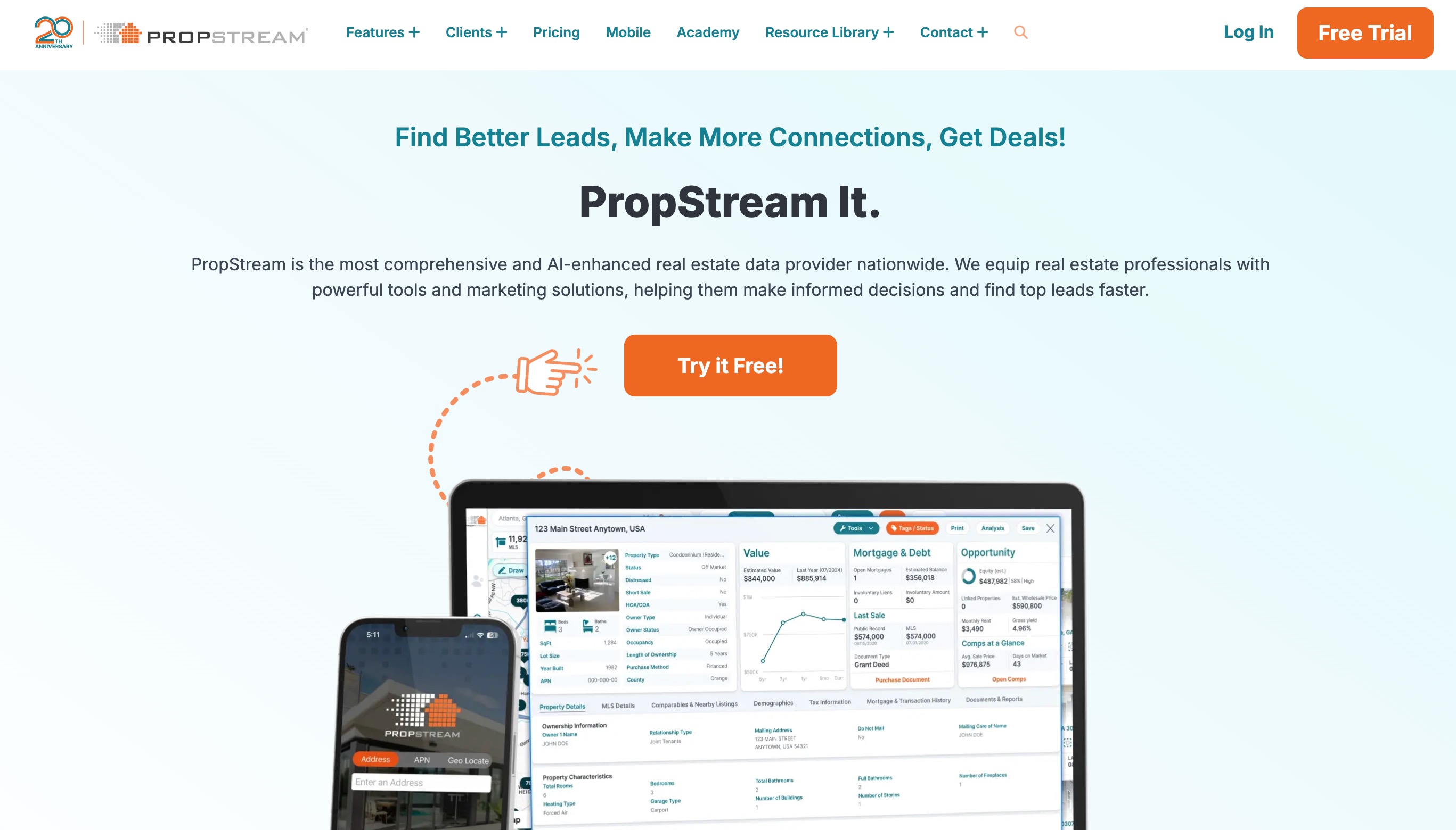 PropStream home page showing its property detail view with value, mortgage and debt, and opportunity panels