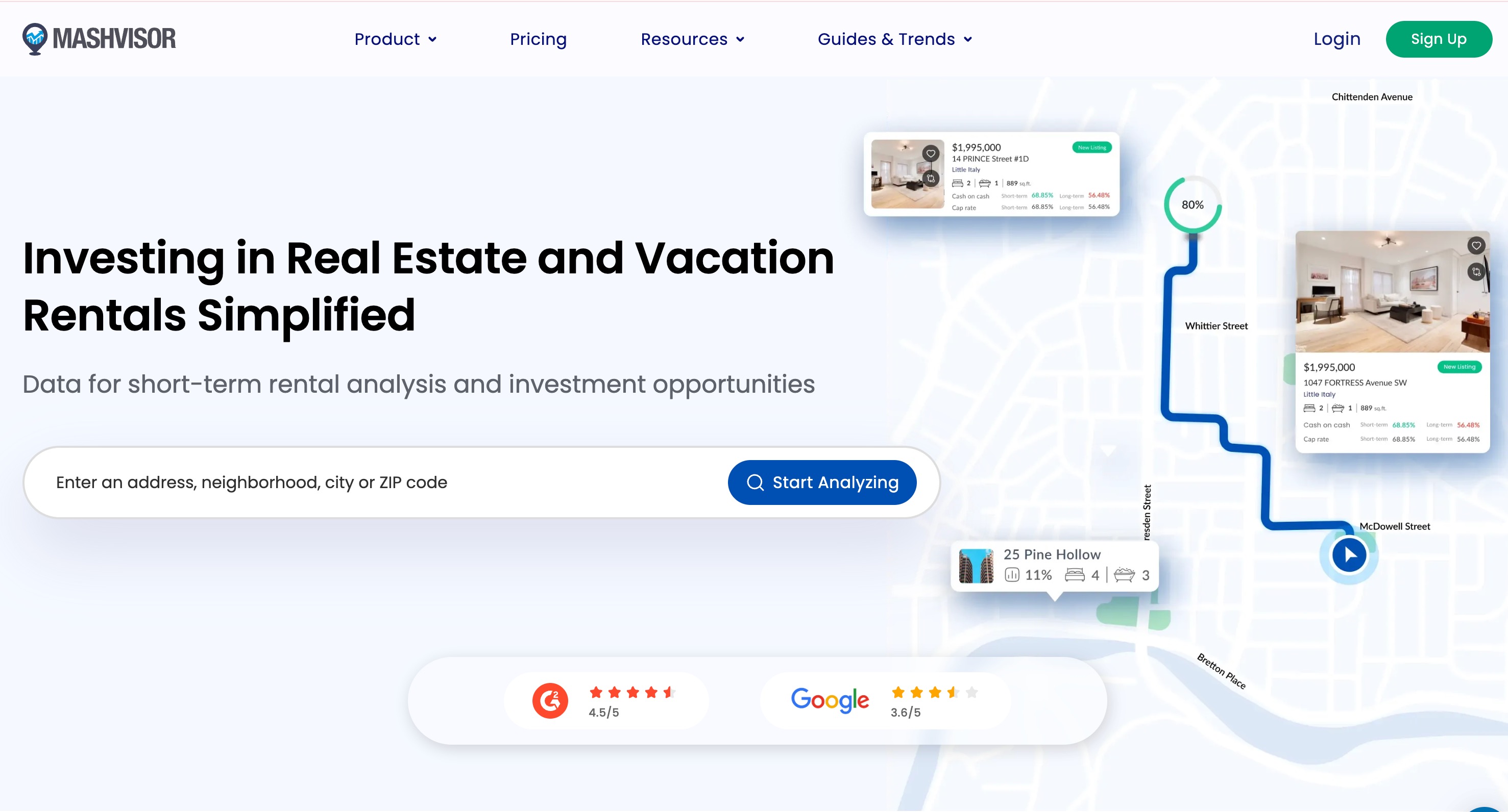 Mashvisor home page with an address search and rental listings showing cash-on-cash return and cap rate on a map