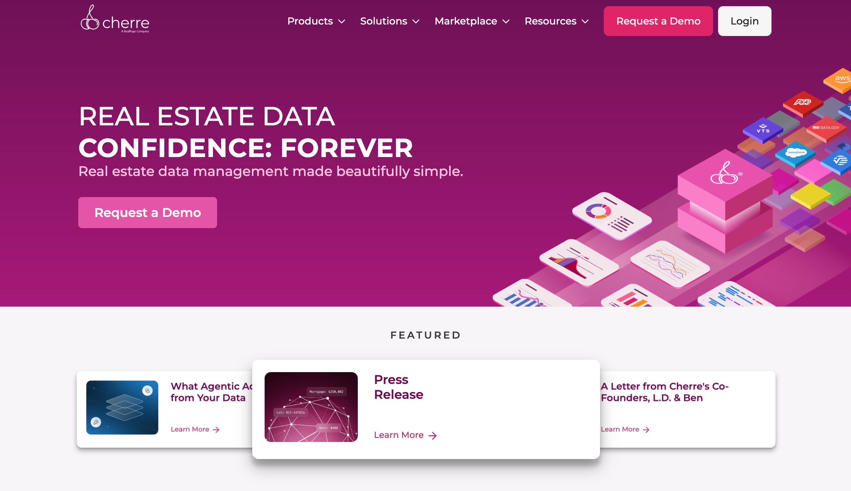 Cherre home page presenting real estate data management and connected data sources