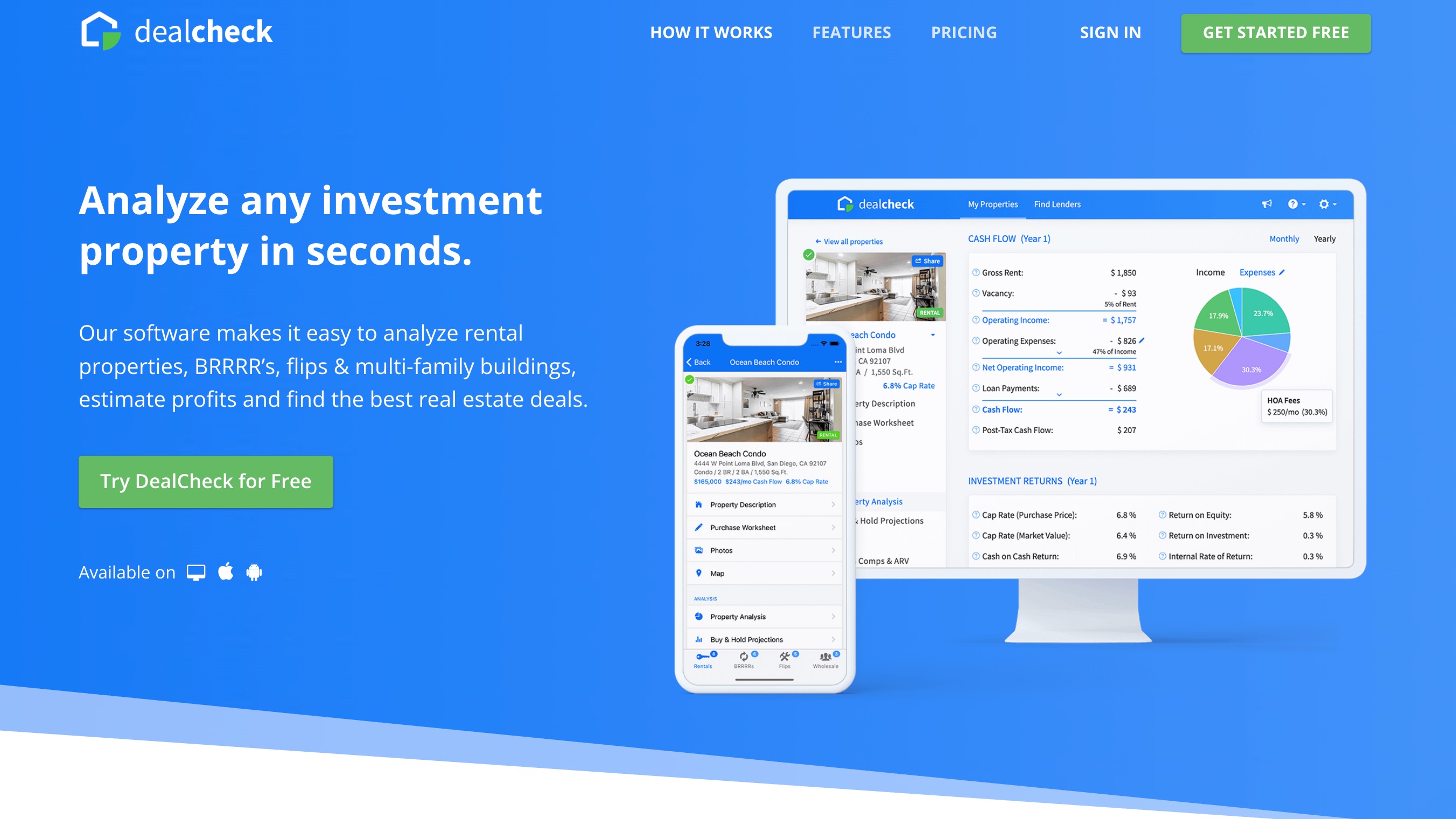 DealCheck home page showing a rental property analysis with cash flow and first-year investment returns