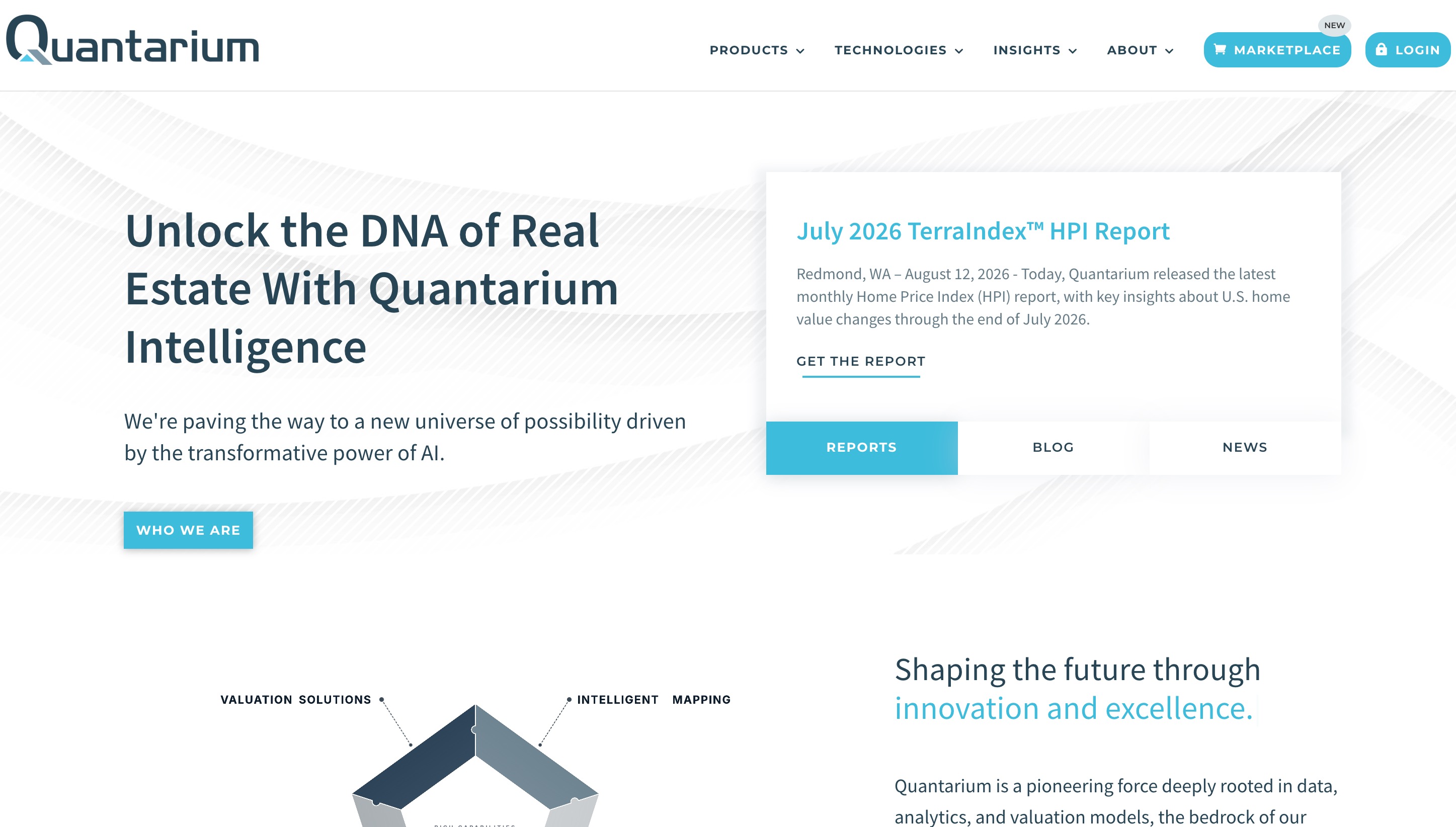 Quantarium home page with its valuation and intelligent mapping solutions and the latest TerraIndex home price index report