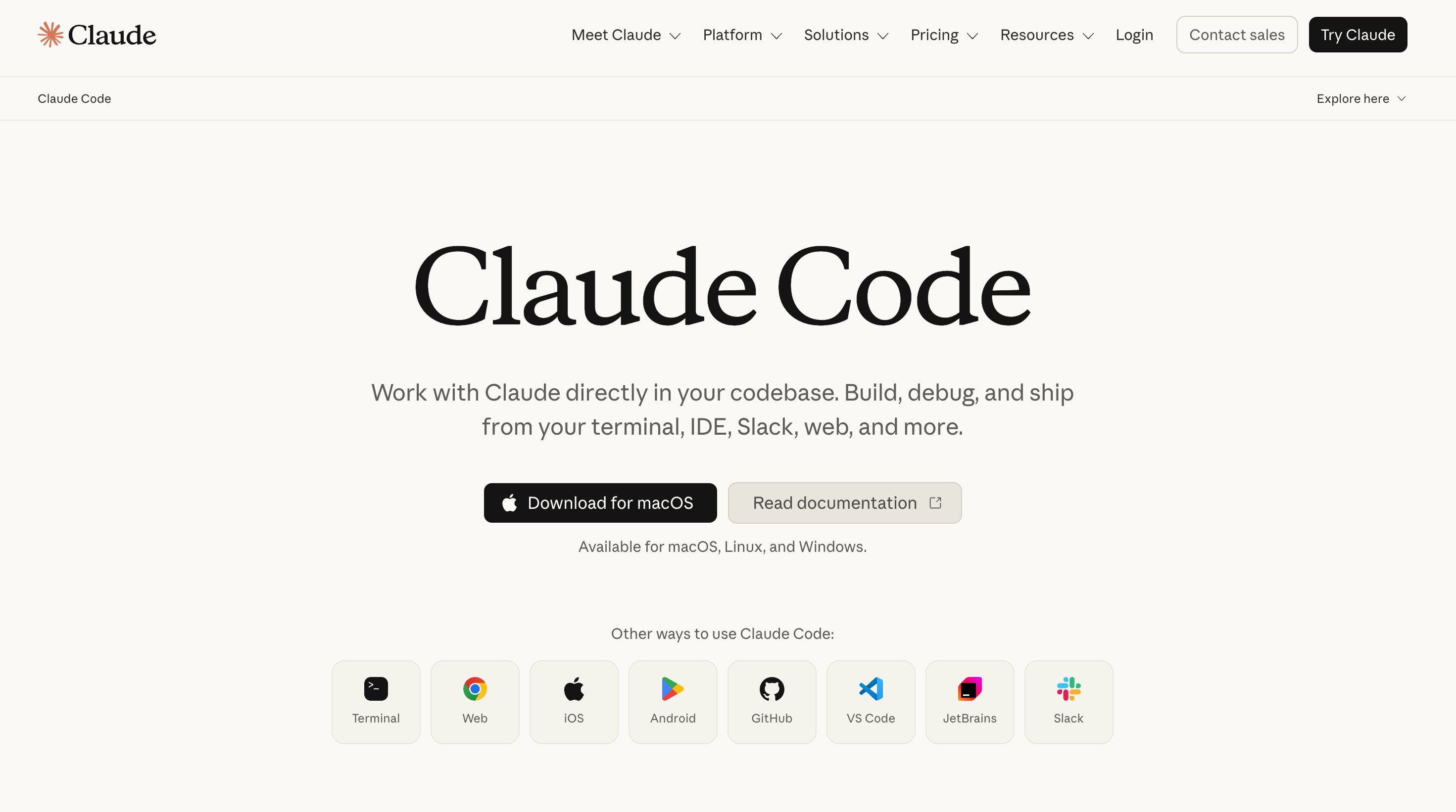 Claude Code product page offering a macOS download and documentation, and listing terminal, web, iOS, Android, GitHub, VS Code, JetBrains and Slack as other ways to use it