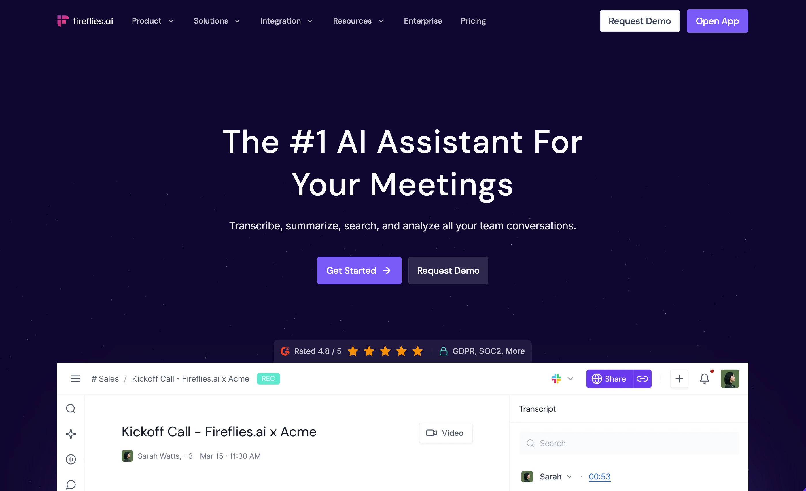 Fireflies.ai home page billing itself as the number one AI assistant for meetings, above a product shot of a recorded kickoff call with its transcript panel open
