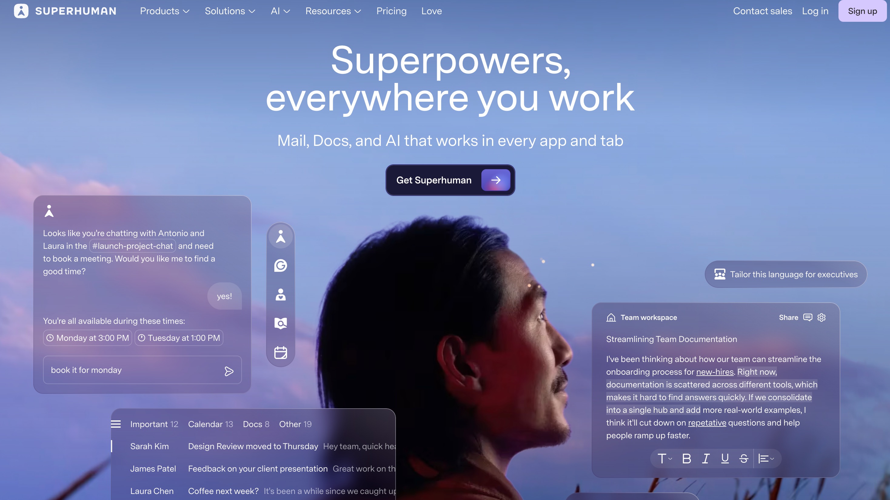 Superhuman home page headlined 