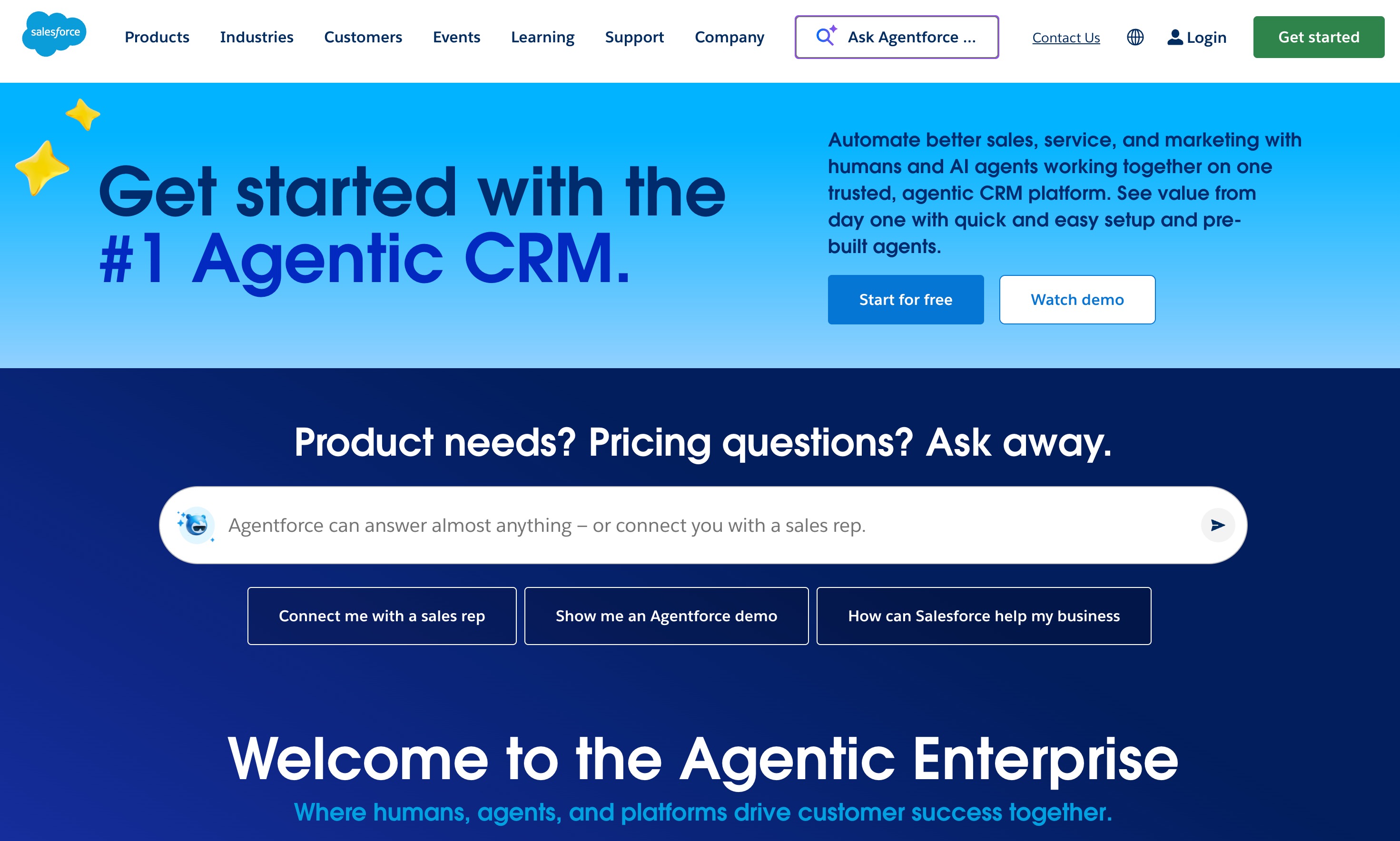 Salesforce home page promoting the number one agentic CRM, with an Ask Agentforce chat box and prompts to connect with a sales rep or see a demo above a Welcome to the Agentic Enterprise banner