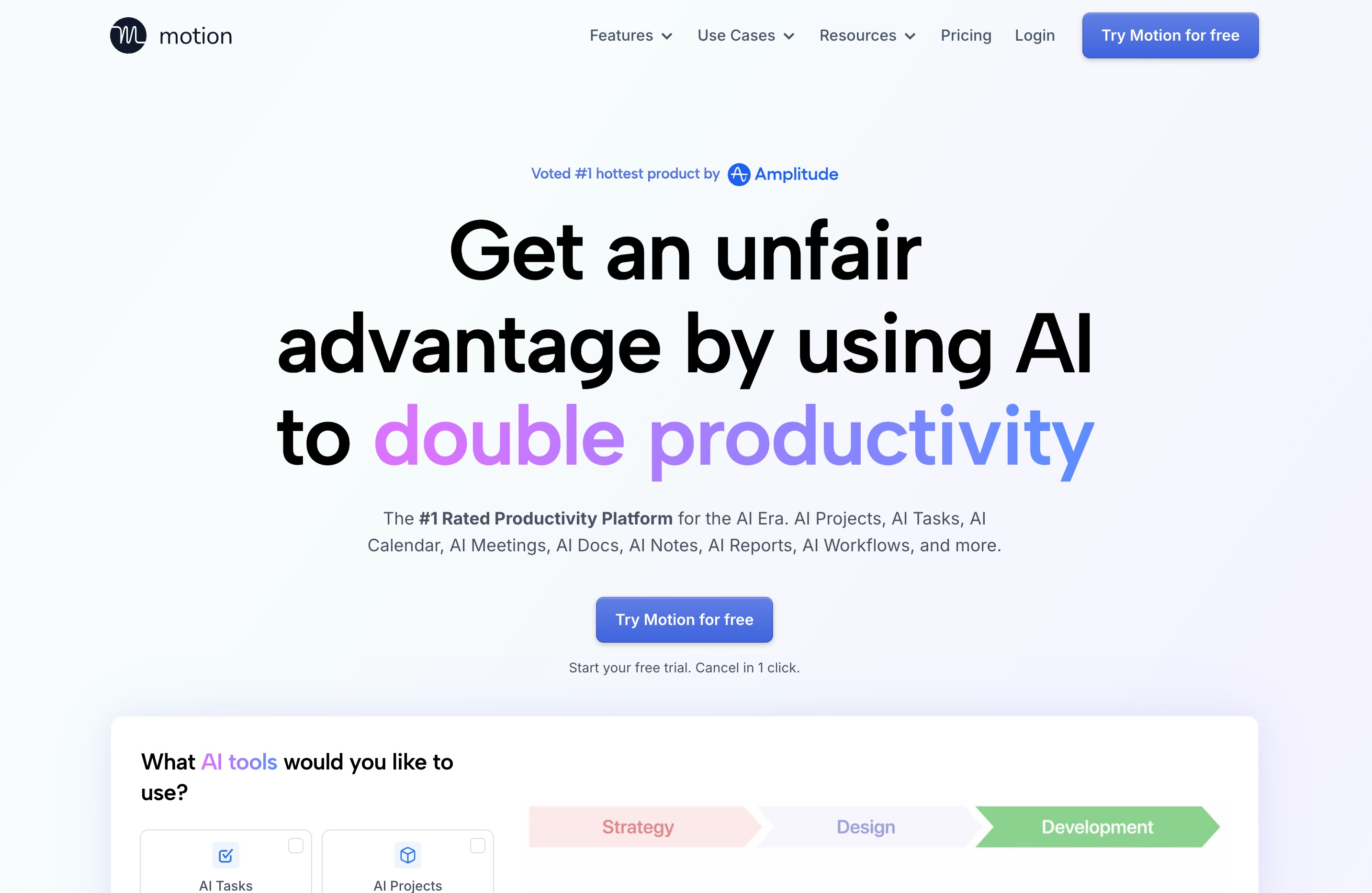 Motion home page promising to double productivity with AI, listing AI projects, tasks, calendar, meetings, docs and reports, above a picker for the AI tools a new workspace should use