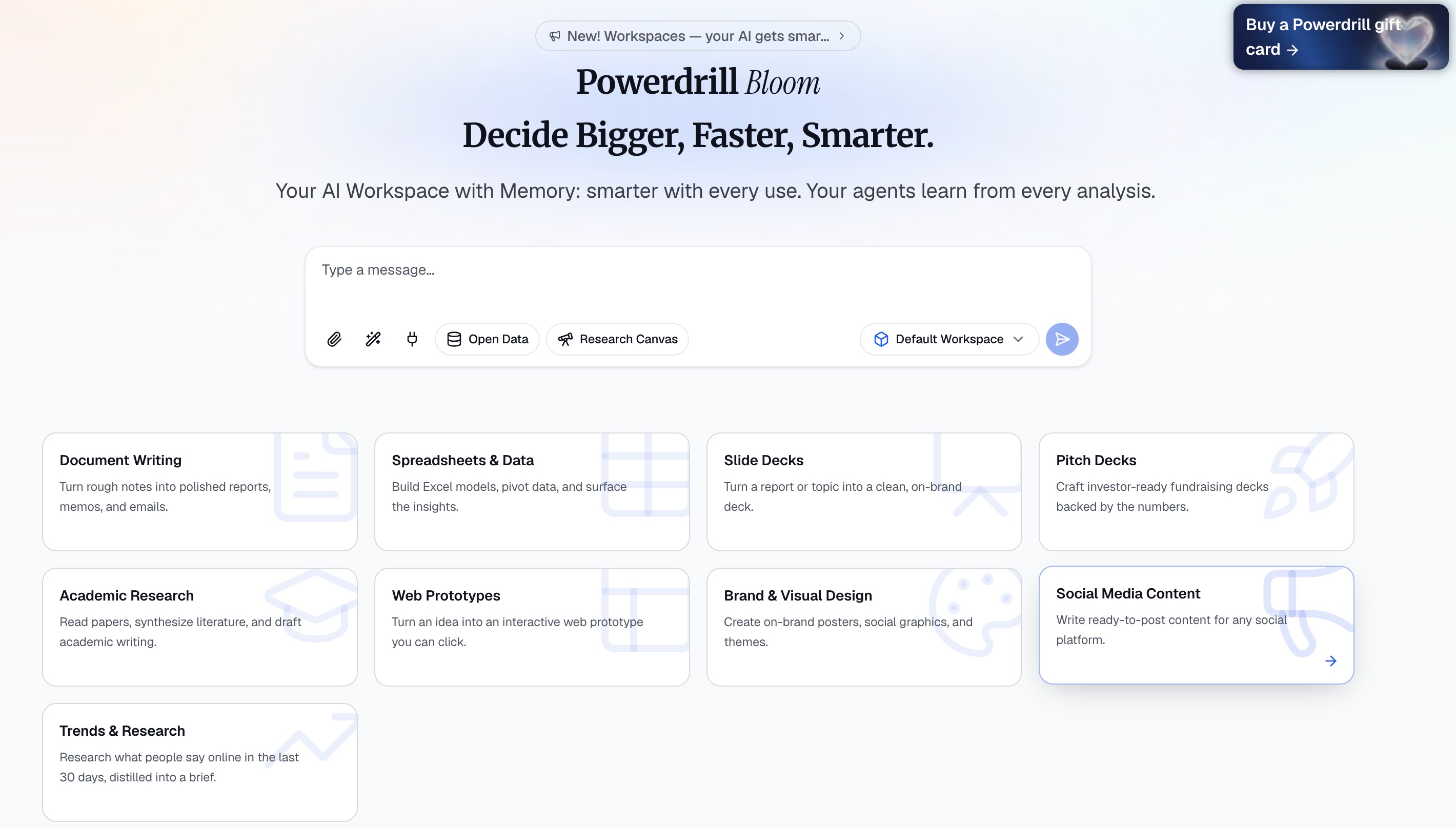 Powerdrill Bloom home page with its single message box, Open Data and Research Canvas controls, and a grid of starting points covering document writing, spreadsheets, slide decks, research and design