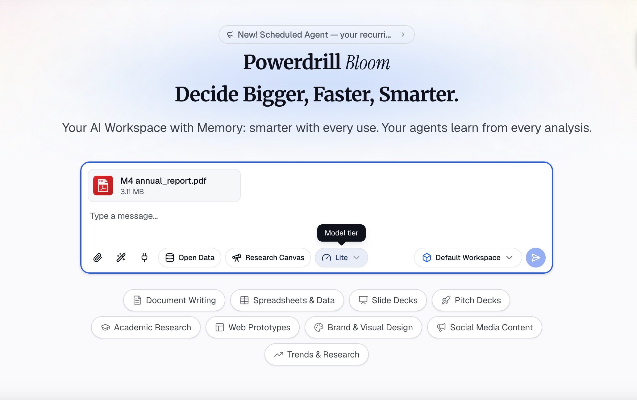 Upload a 50-page PDF report into Powerdrill Bloom's chat box