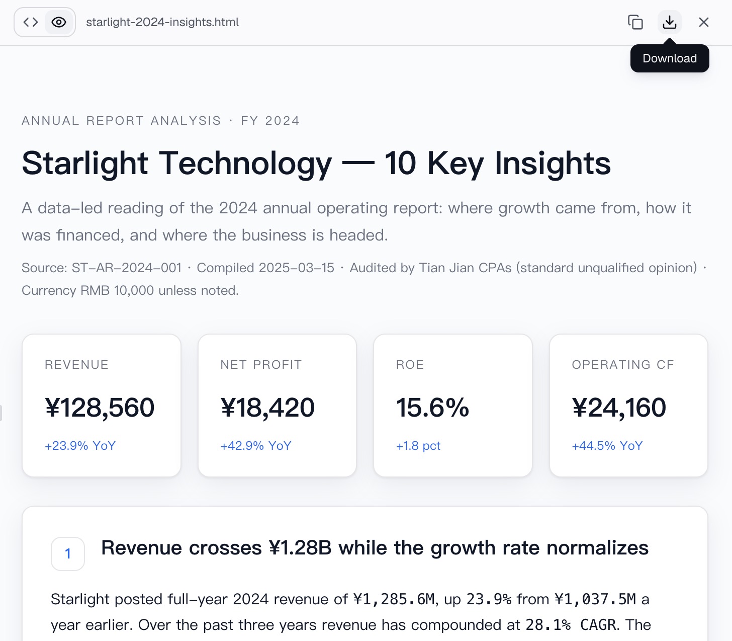 The exported key insights report, with headline metrics and numbered insights, ready to download