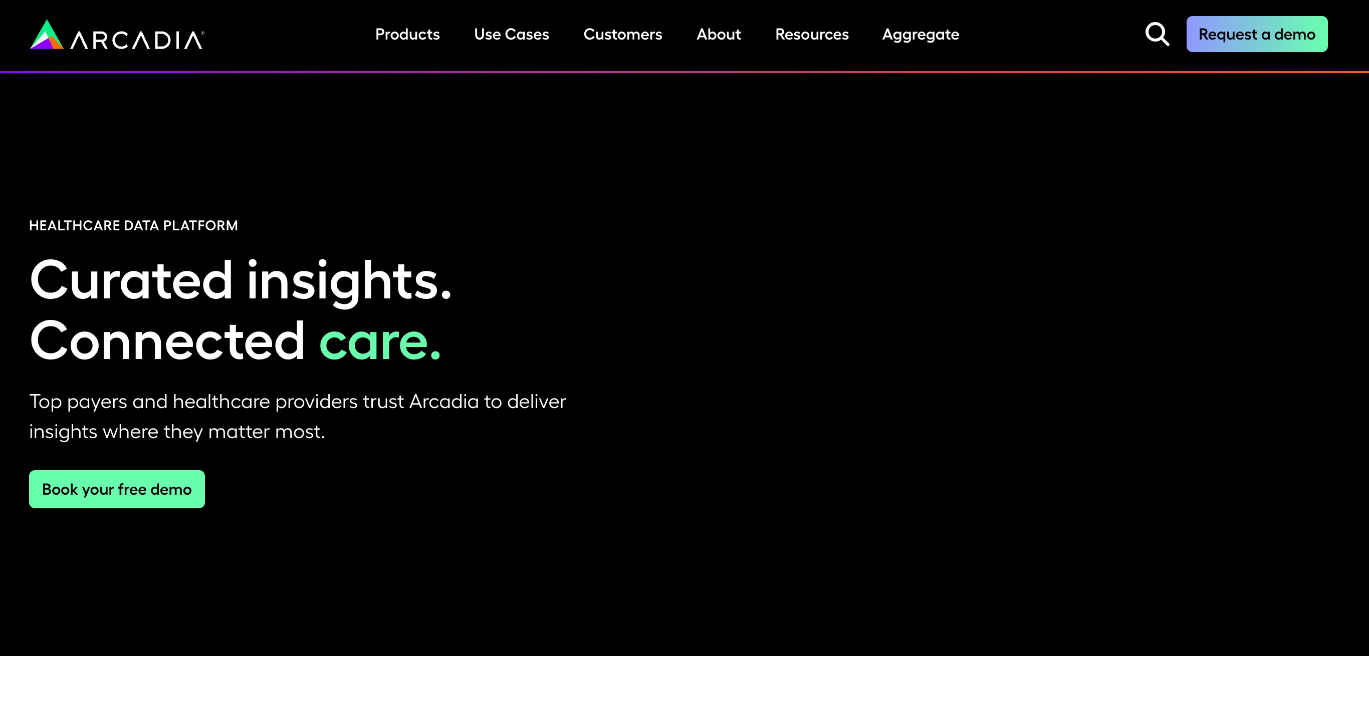 Arcadia healthcare data platform home page with its 