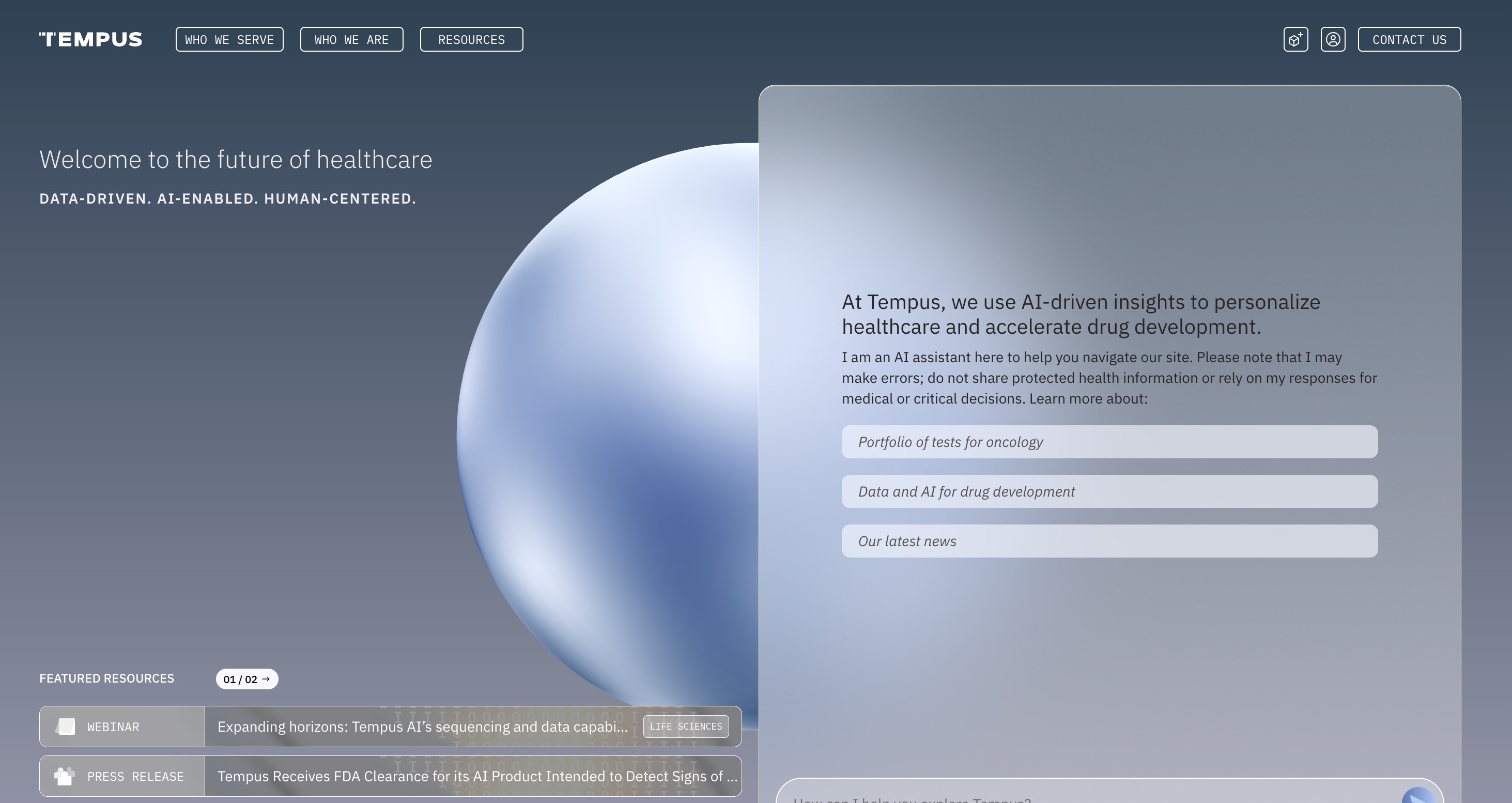 Tempus home page welcoming visitors to the future of healthcare, with an AI assistant offering oncology test and drug development topics